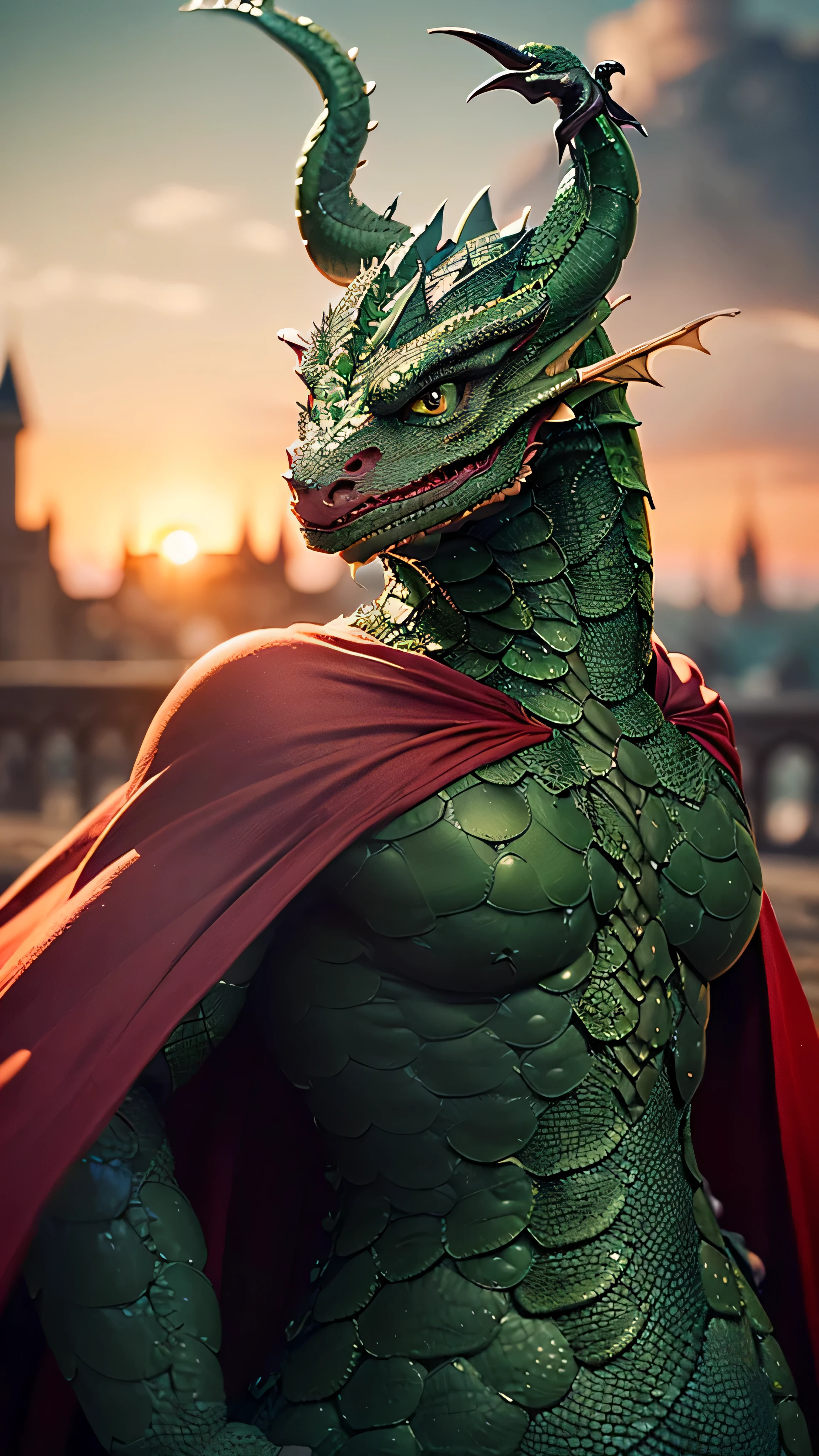 (masterpiece), (extremely intricate:1.3), (realistic), portrait (((anthropomorphic ((GREEN DRAGON))))), dynamic pose, sharp focus, dramatic, award winning, cinematic lighting, volumetrics dtx, (film grain, blurry background, blurry foreground, bokeh, depth of field, sunset, interaction, castle in the distance (iridescent red cape))
