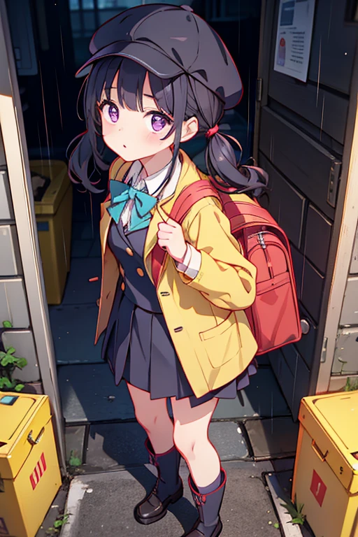 one 、girl、、girl child、primary school student、young age、、、lolita、uniform、Winter clothes、blazer、newsboy cap、yellow raincoat、rainy back alley、yellow rain boots、red school bag、anxiety、troubled face、cheeks are red、looking up at the viewer、high angle、black hair、twin tails、purple eyes、inner thigh