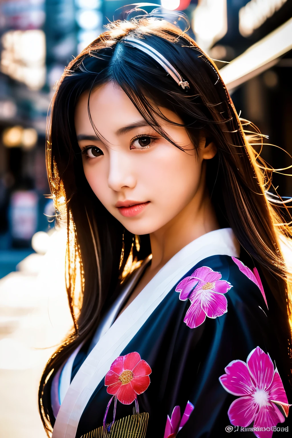 Beautiful Japanese supermodel woman, A lock of hair with slight highlights, black eyes, Sexy,street background,Gorgeous kimono , Liquid color flows across her face, Shooting against the light,Perfect facial lighting,mixed media