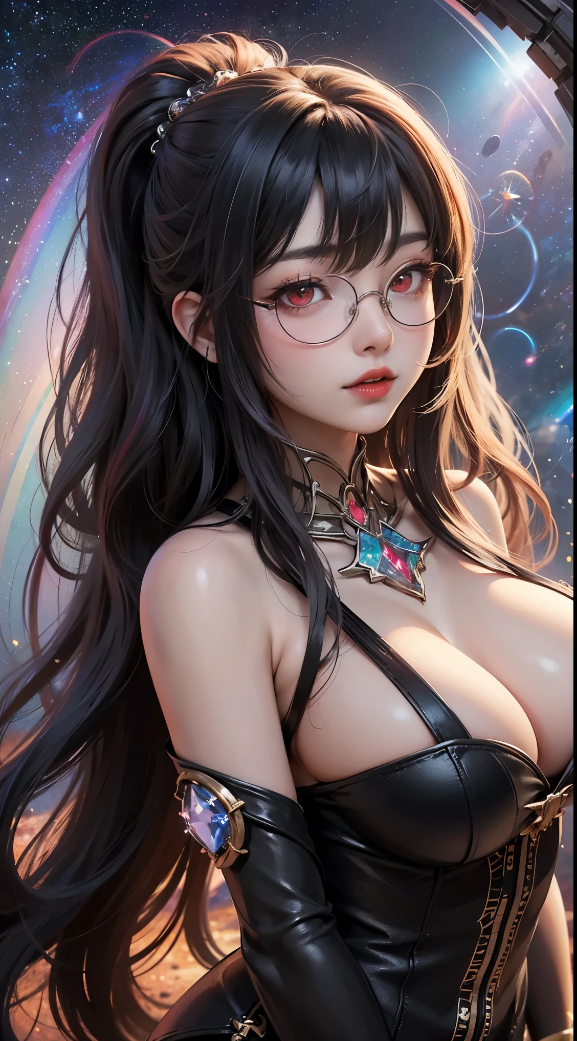 1名 27歳 woman, Understood、(best illustration)、8K UHD resolution、intricate details、最high quality、realistic、Super detailed、best writing、best shadow、soft lighting、ultra hd、dungeon and Dragon、cave、dungeon、 necromancer、night、dark style、Succubus、devil'Daughter of、bat wings,(((デーモンホーンラック縁round glasses))))、(((big breasts)))、(devil'tail)、(red eyes shine:1.6)、masterpiece、beautiful features、Tyndall effect、realisticphotograph、(high detail skin:1.2)、8KUHD、Digital single-lens reflex camera、high quality、photograph、High resolution、 absurd、Ponytail distortion、Optimal ratio of 4 fingers and 1 thumb、1 girl、hair ornaments、真っ赤に輝くgemのネックレス、gem、beautiful expression、body up、big breasts emphasis、tight waist、wide ass、Tyndall effect、Photoreal、(high detail skin:1.2)、dark and mysterious version, lipstick red lips, thin and beautiful lips, Don'Don'Don'Don'don't laugh, please shut your mouth, Characters created by Karol Baku and Pino Denis, intricate details, detailed background, very detailed, magic of light, woman, cute face, ((((giant glasses, otaku glasses, thick glasses, round glasses))))、 looking at the Upper body of the goddess , round chest, big and round chest, phoenix hair brooch, long hair with bangs, (Long hair has seven colors like a rainbow:1.9), Beautifully detailed face and well-proportioned eyes, (Crystal clear red eyes: 1.8), Big round eyes and very beautiful and detailed makeup, Visionary, long silk nightgowns, mysterious makeup, ブresponseレット, I dyed the side bangs light yellow....., Upper body, (goddess Upper body: 1.8), hanging arms, リアルで鮮やかなphotograph, (stars that make up : 1.7), ( Space-time portal of sky and imagination: 1.8), fiction art, RAWphotograph,黒い着物のphotograph, 最高のphotograph , expensive_response, 最high quality, 最高のphotograph, 8K quality, 8K ultra , surrealism, 最も経済的な本物のphotograph, Artistic portrait of 12 signs, Symbol of one of the 12 signs on the reverse side, 12 Portrait of the Goddess, 最もrealistic配色, 最高のphotograph color, masterpiece, hair ornaments, ネックresponse, jewelry, beautiful face, Upper body, Tyndall effect, photographのようにリアルな, Dark studio, border light, two tone light, (fine skin) expensive: 1.2), 8K UHD, Digital single-lens reflex camera, soft light, expensive quality, volume light, Frank, photograph, expensive responseolution, 4K quality, 8K, Bokeh, smooth and sharp, 10x more pixels, Charming goddess, sexy goddess, (background space: 1.8), (milky way: 1.7), aurora, lightning, (auroraの背景: 1.8) <roller:crazy_perfect eyes_V1_from_V1_, beautiful goddess and flowers,