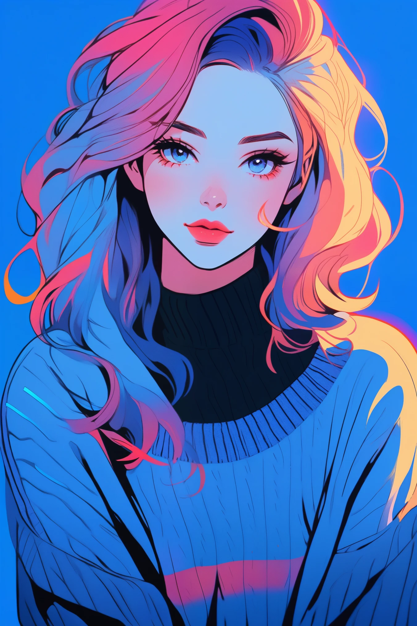 illustrator, anime , realistic ,sketch , 1 girl, ,lip, sweater,order, Blue gradient background, neon hair,Textured trim, Canadian, (masterpiece,Best quality)