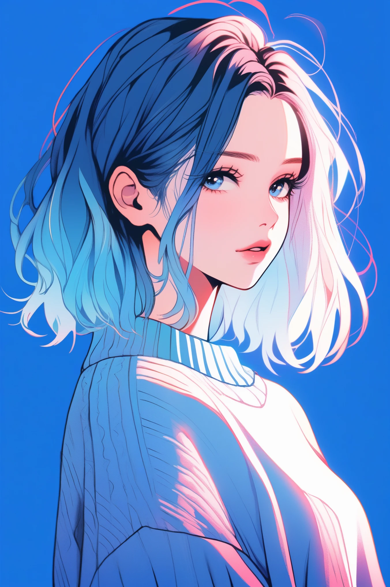 illustrator, anime , realistic ,sketch , 1 girl, ,lip, sweater,order, Blue gradient background, neon hair,Textured trim, Canadian, (masterpiece,Best quality)