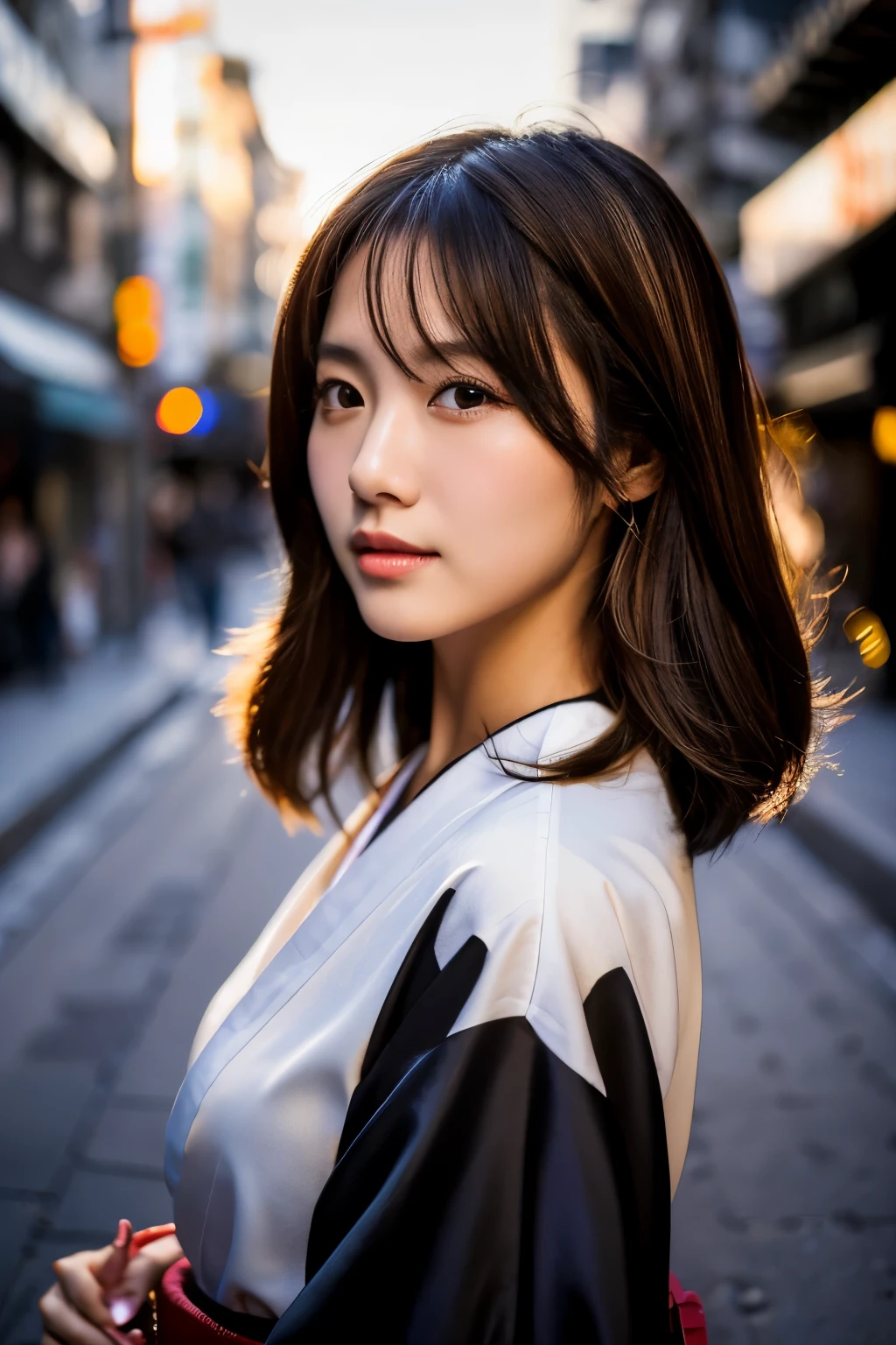 Beautiful Japanese supermodel woman, A lock of hair with slight highlights, black eyes, Sexy，street background，Gorgeous kimono , Liquid color flows across her face, Shooting against the light，Perfect facial lighting，mixed media