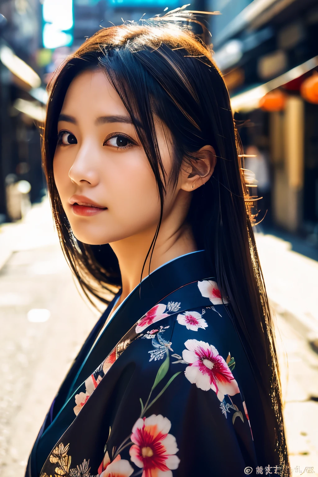 Beautiful Japanese supermodel woman, A lock of hair with slight highlights, black eyes, Sexy,street background,Gorgeous kimono , Liquid color flows across her face, Shooting against the light,Perfect facial lighting,mixed media