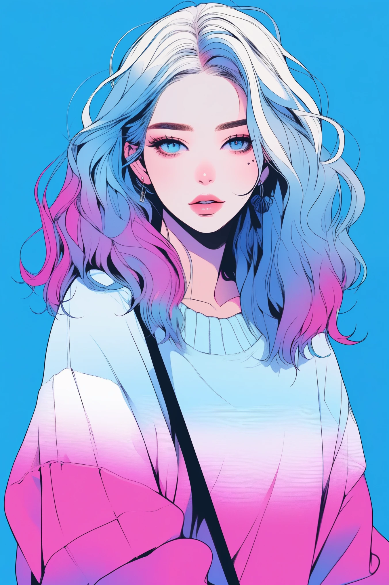 illustrator, anime , realistic ,sketch , 1 girl, ,lip, sweater,order, Blue gradient background, neon hair,Textured trim, Canadian, (masterpiece,Best quality)