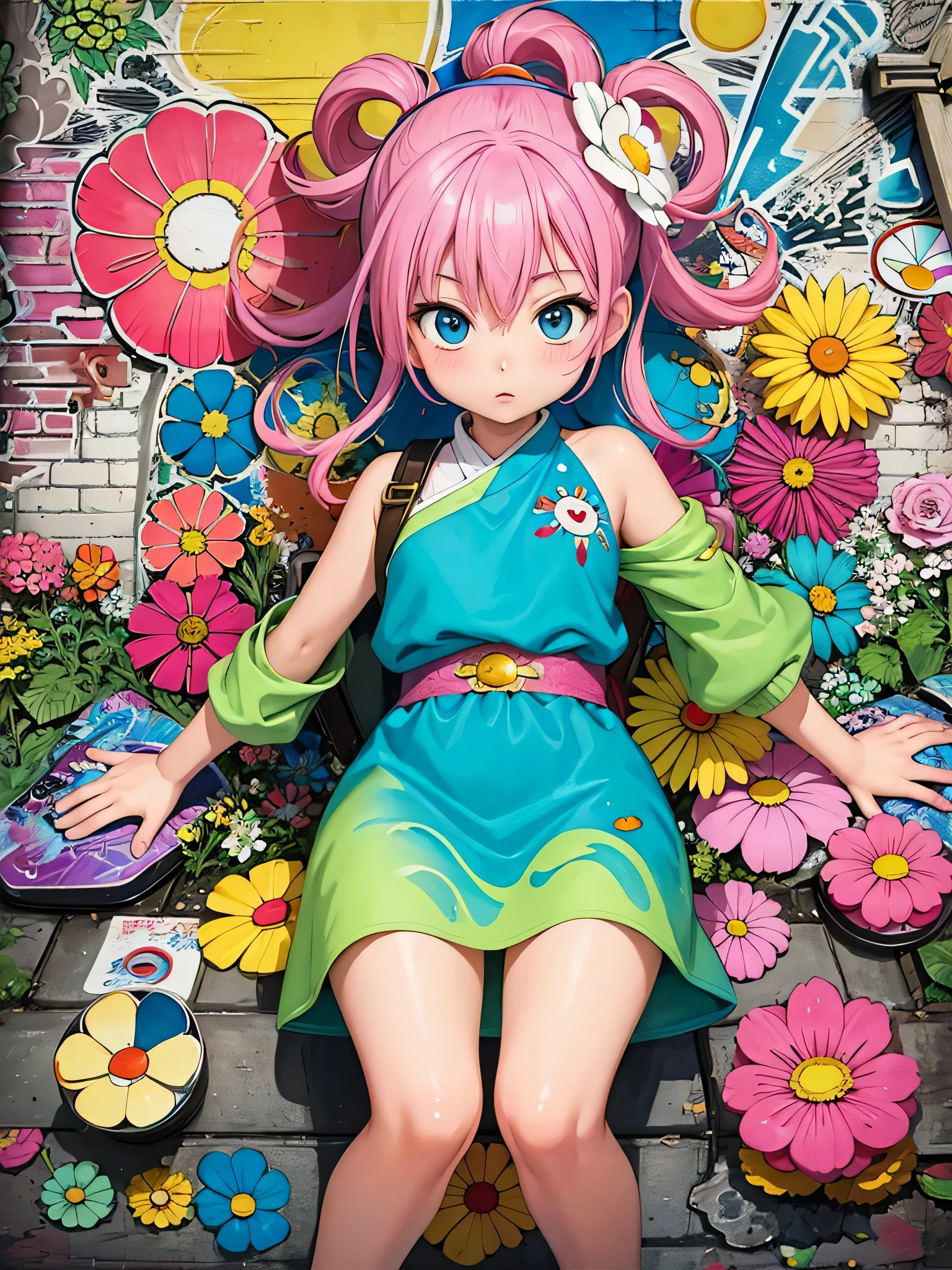 akira toriyama style、8K quality, Takashi murakami'illustration of, intense watercolor, watercolor detailed art, watercolor splash, surreal, avant-garde pop art, Beautiful and expressive paintings, beautiful artwork illustration of, very colorful tones, wonderful, cool beauty, highest quality,official art, vector art,stylish design, ((most beautiful girl ever))), (((highest quality))), HDR, ((Detailed details)), (((graffiti art))), ((masterpiece))、((Super detailed))、(((colorful flowers)))、(((Streets of the city of the future)))