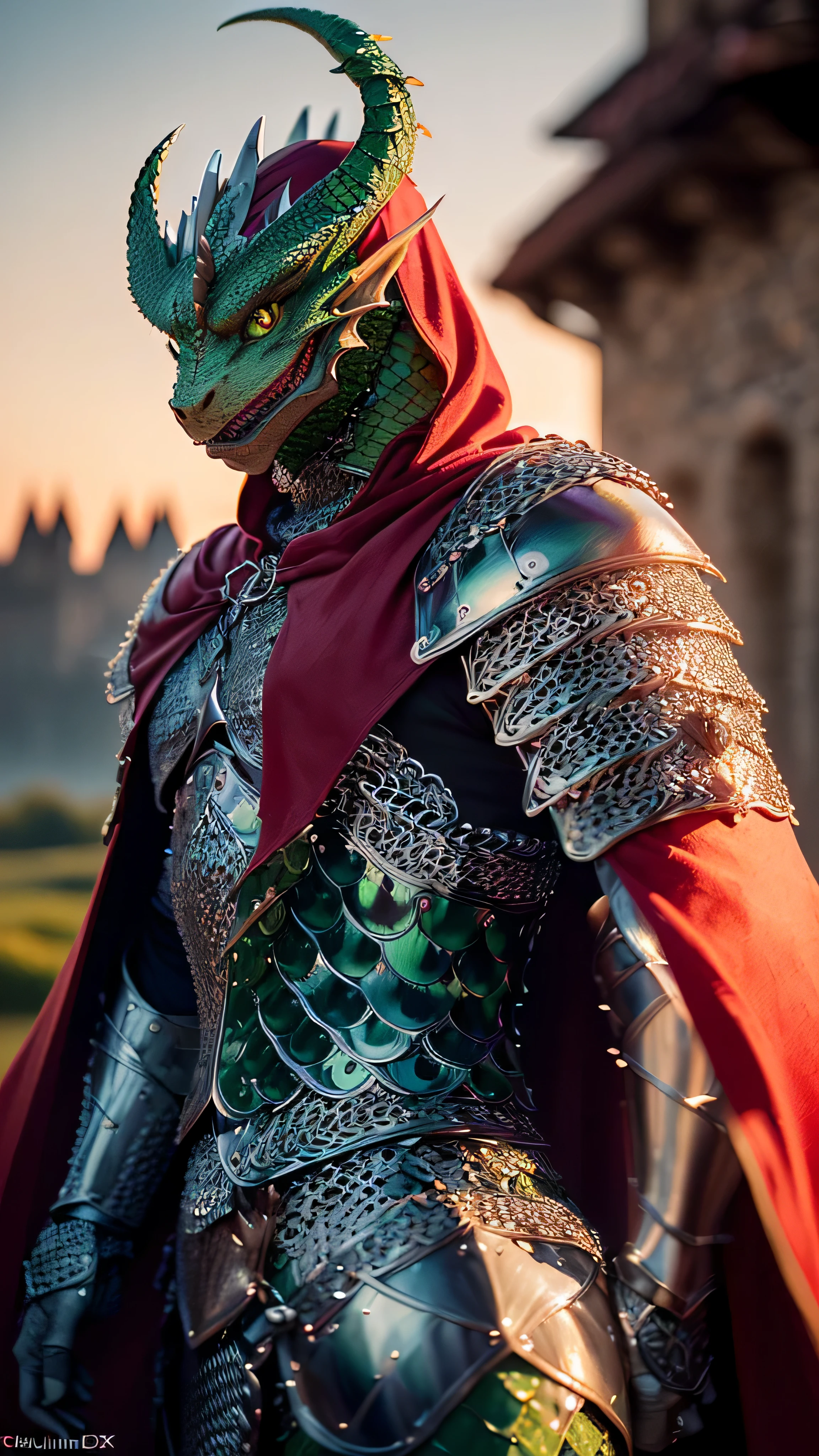 (masterpiece), (extremely intricate:1.3), (realistic), portrait (((anthropomorphic (GREEN DRAGON, medieval armor, perfectchainmail)))), dynamic pose, sharp focus, dramatic, award winning, cinematic lighting, volumetrics dtx, (film grain, blurry background, blurry foreground, bokeh, depth of field, sunset, interaction, castle in the distance (iridescent red cape))