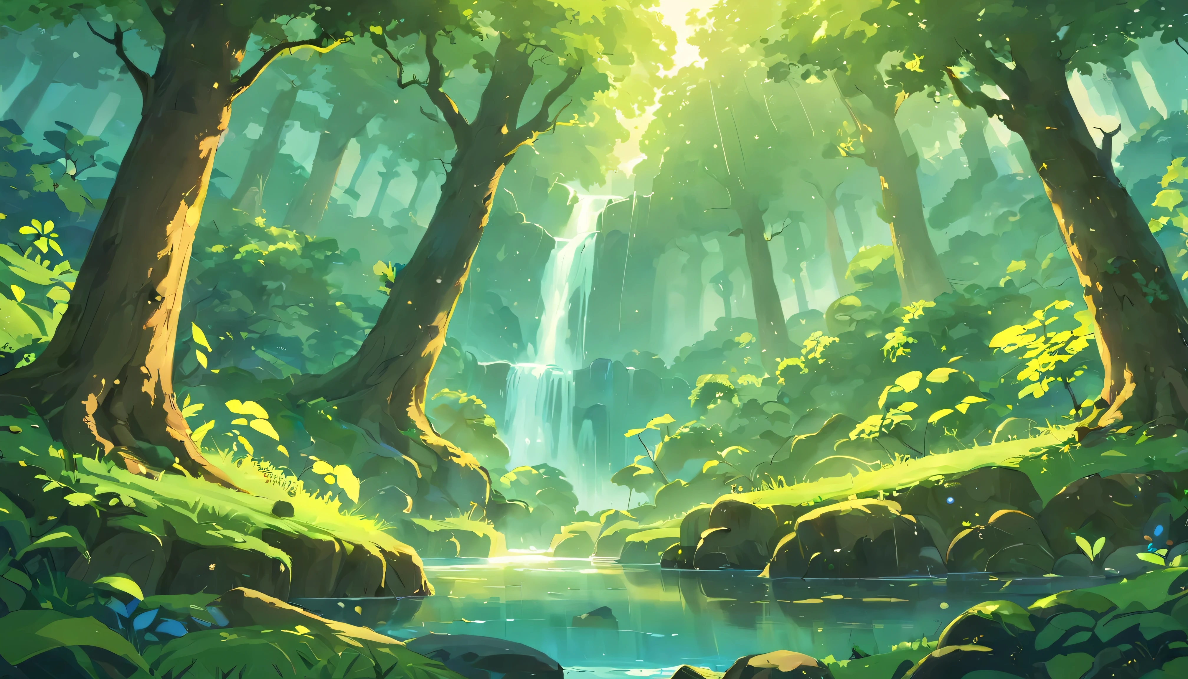 Design an image depicting an intense night storm scene over an ancient rainforest. The sky above is a canvas of chaotic beauty, with lightning bolts illuminating the dense canopy below. Each flash reveals the rich, wet leaves of towering trees and the intricate ecosystem that thrives under their shelter. The storm's fury is juxtaposed with the enduring calm of the forest, highlighting the timeless dance between nature's tempests and the tranquility of the ancient woodlands. Include the occasional glimpse of a waterfall or river, its waters surging in response to the downpour, adding to the scene's dynamic beauty