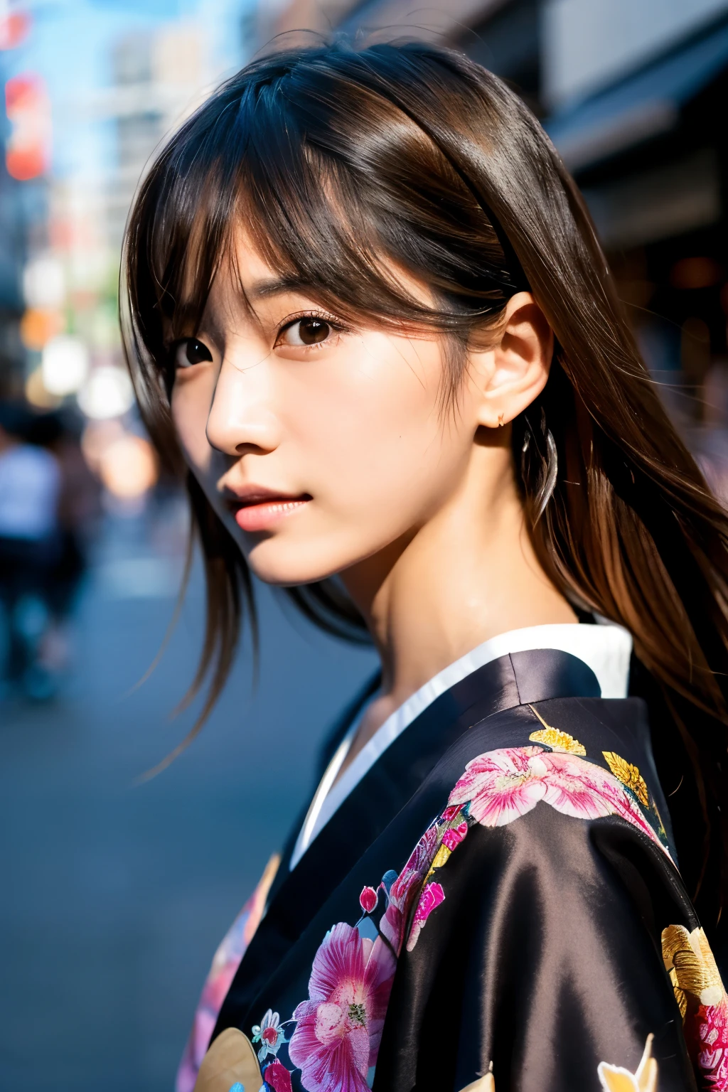 Beautiful Japanese supermodel woman, A lock of hair with slight highlights, black eyes, Sexy,street background,Gorgeous kimono , Liquid color flows across her face, Shooting against the light,Perfect facial lighting,mixed media