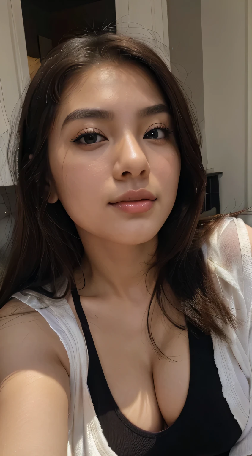 RAW, Best quality, high resolution, masterpiece: 1.3), beautiful asian woman, Masterpiece, perfect fit body, big breasts, beautiful eyes, ((tucked hair)), brown hair, open stand, Soft smile, thick thighs, Beautiful limbs, she is about 20 years old, pale skin Indonesian girl, beautiful woman, soft lighting, soft shadow, vibrant color, (dynamic lighting), (tight outfit), (looking at camera)
