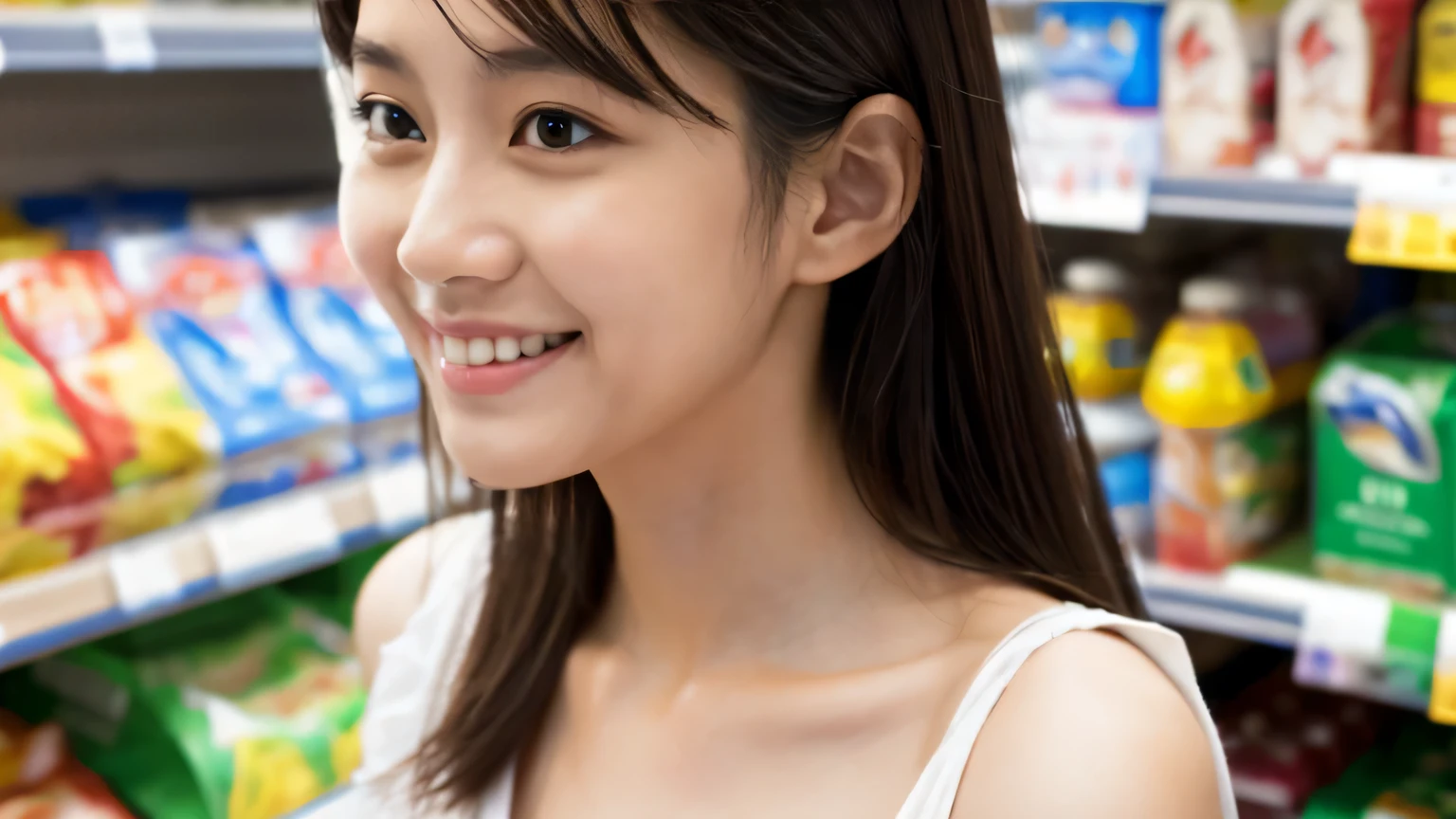 masterpiece, highest quality, Photoreal, Super detailed, finely, High resolution, 8k wallpaper, Professional, Advanced level of detail, Female college student working at a supermarket, Slender Japan woman, ((while working)), detailed clavicle, Medium chest、perfect face, medium long hair, Professional figure、gentle smile、