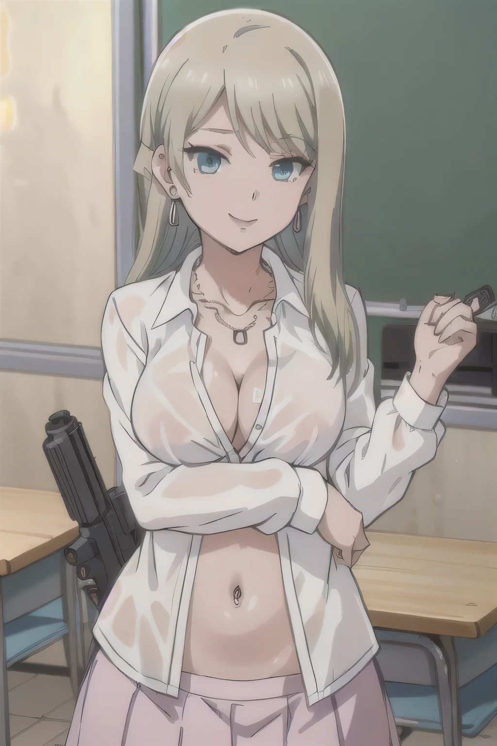 solo, 1girl, lily someya, necklace, masterpiece, best quality, ((unbuttoned , , necklace, earrings, sexy bodbreasts)) ,skirt, smiling, navel , exposed belly, exposed navel,(nsfw) not safe for work,school,
classroom , holding a gun, hold a gun,navel piercing