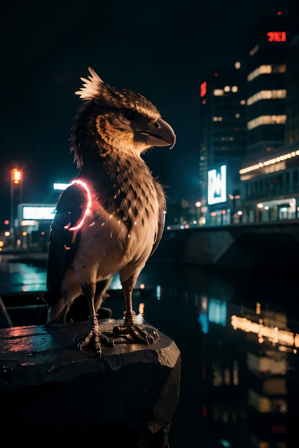 (best quality,4k,8k,highres,masterpiece:1.2),ultra-detailed,realistic:1.37,futuristic,cyberpunk,robotic bird perched on a tree,detailed,filled with particles,beautifully detailed,artistic masterpiece,immerses the viewer in the futuristic cyberpunk world,industrial,technological,nighttime cityscape,glowing neon lights,dynamic composition,highly detailed textures,reflective surfaces,metallic accents,dramatic perspective,immersive atmosphere,sharp focus,professional lighting,vivid colors,bokeh.