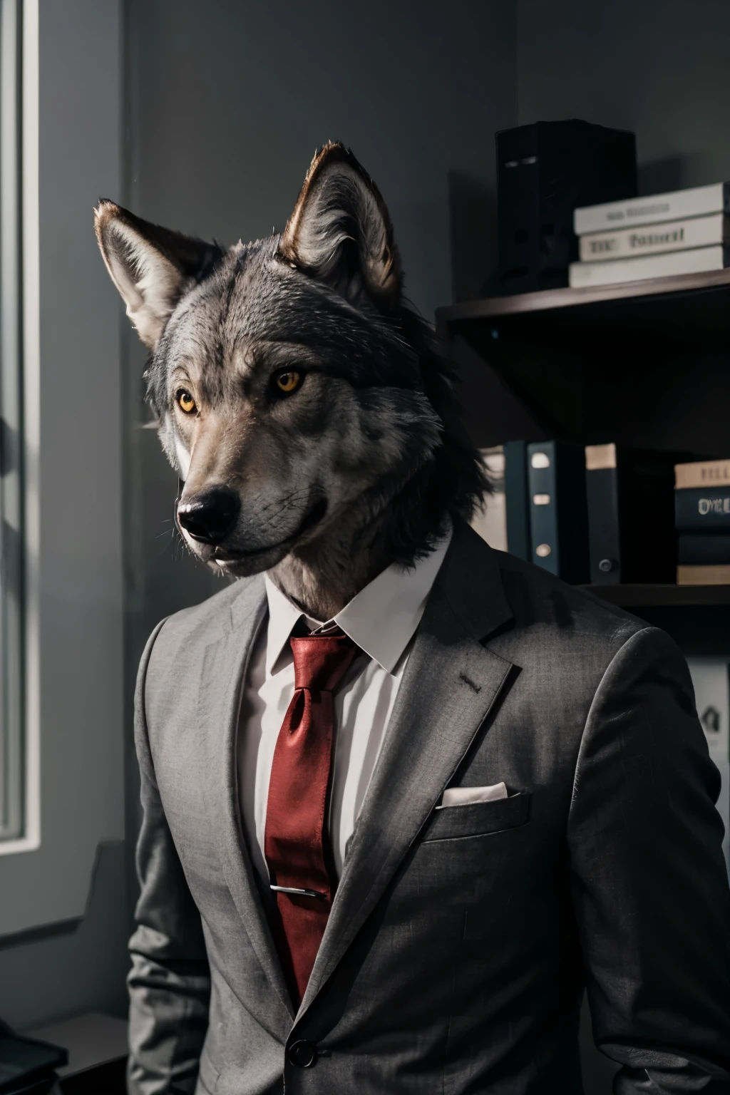 A detailed and realistic wolf's head (gray wolf) on a human body, dressed in a stylish suit with a deep red tie, standing in an office with soft lighting.