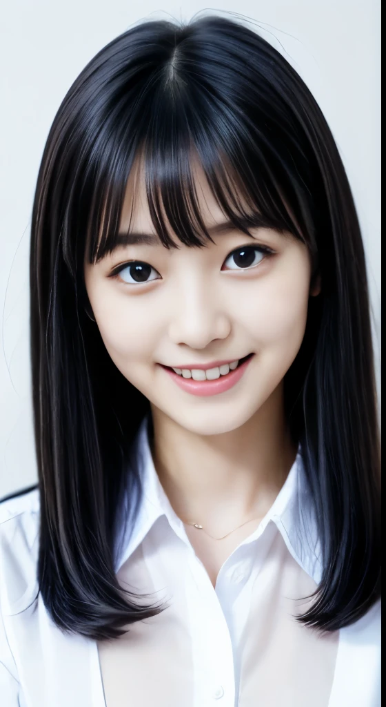 Close-up of a woman posing for a photo, japanese model model, 16 year old female model, 4k、bangs、black haired、beaver、middle hair、straight hair、(white shirt, crew , dark blue pleated skirt:1.2),　(Super cute face with idol style:1.2)、（nude）、slim and beautiful body、beautiful breasts、laughter、Full body Esbian、The background is an empty park、beautiful feet、

