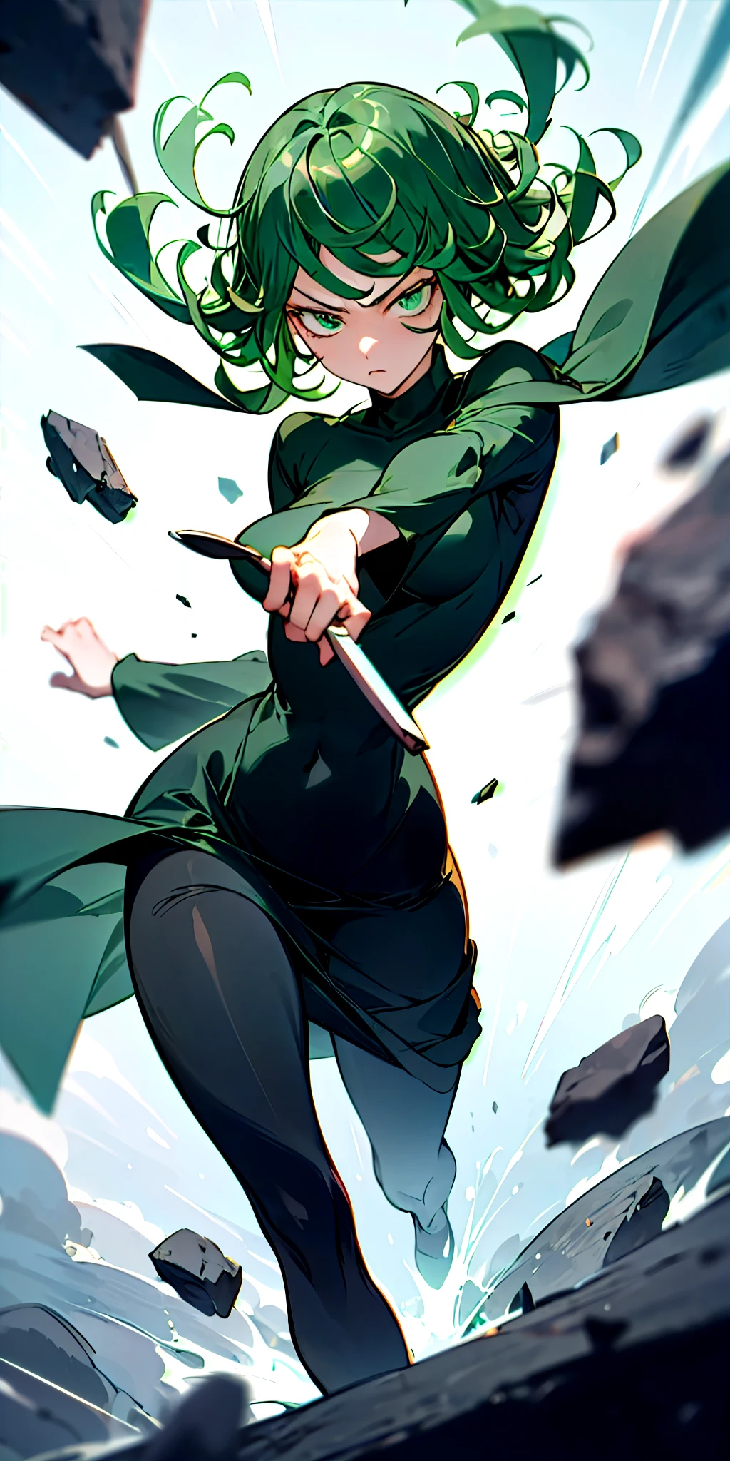 (masterpiece, best quality),1girl, Tatsumaki, a key character from the anime and manga series 'One Punch Man.' She is known for her  stature, unmatched psychic powers, and distinctive style. Tatsumaki has long, curly, forest green hair that flows freely. Her outfit is a sleek, dark green, form-fitting dress with black trim, highlighting her status as the second-ranked S-Class hero. She often has a serious or haughty expression, underlining her confident and sometimes brash personality. The scene should capture her in the midst of using her telekinetic abilities to levitate rocks and debris around her, emphasizing the effortless control she wields over her environment. Her eyes, sharp and intense, focus on an unseen threat or challenge, showcasing her readiness to defend or attack. The background should be dynamic and atmospheric, perhaps suggesting a battle has just taken place or is about to, with a mix of destruction and swirling energy that reflects her psychic powers in action. The overall mood is powerful, intense, and slightly mysterious, capturing Tatsumaki's formidable presence and the awe she inspires in both allies and adversaries.