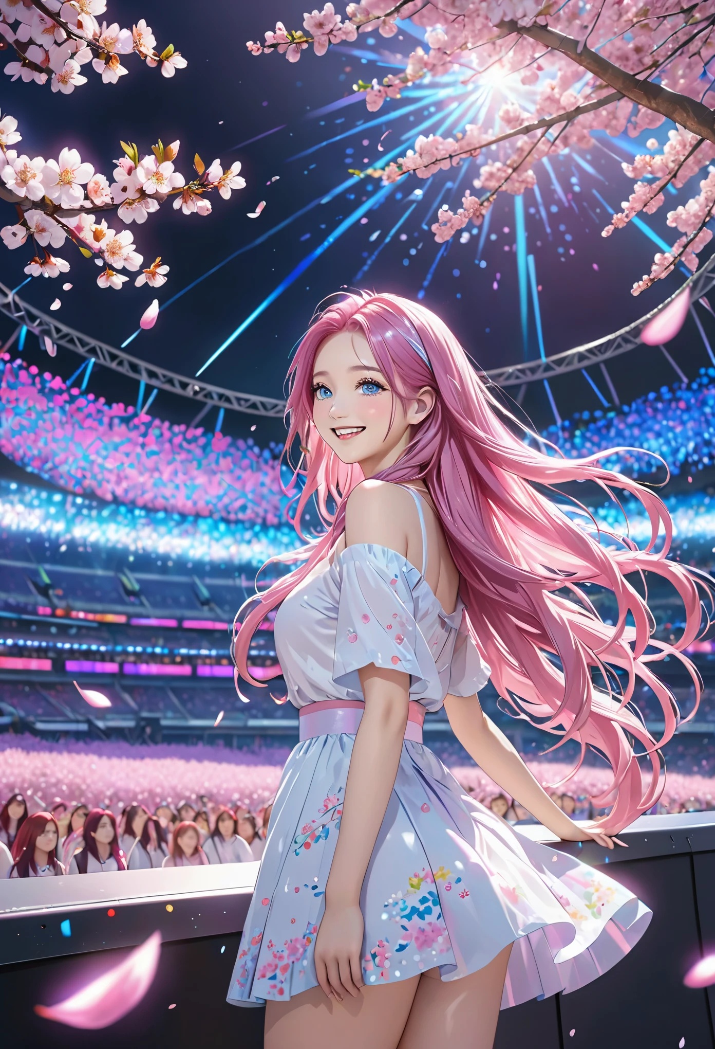 fluffy hair, long floating hair, (super long hair), shiny pink hair, shiny hair, 1 girl, alone, long hair, blue eyes, (pink hair), pink hair, looking at the audience, smiling, make-up face prints, purple hair, colored hair, thighs, outdoors, full body ((masterpiece)), (((best quality))), ((ultra-detailed)), ((illustration)), A lot of waving glow sticks,Stage,Concert,(solo),1 girl,((singing)),headset,(leaning_forward:1.2),(arms_behind_back),((extremely_detailed_eyes_and_face)),colorful,Tokyo Dome,ray tracing,(disheveled hair),cherry_blossoms,petals,Flying notes