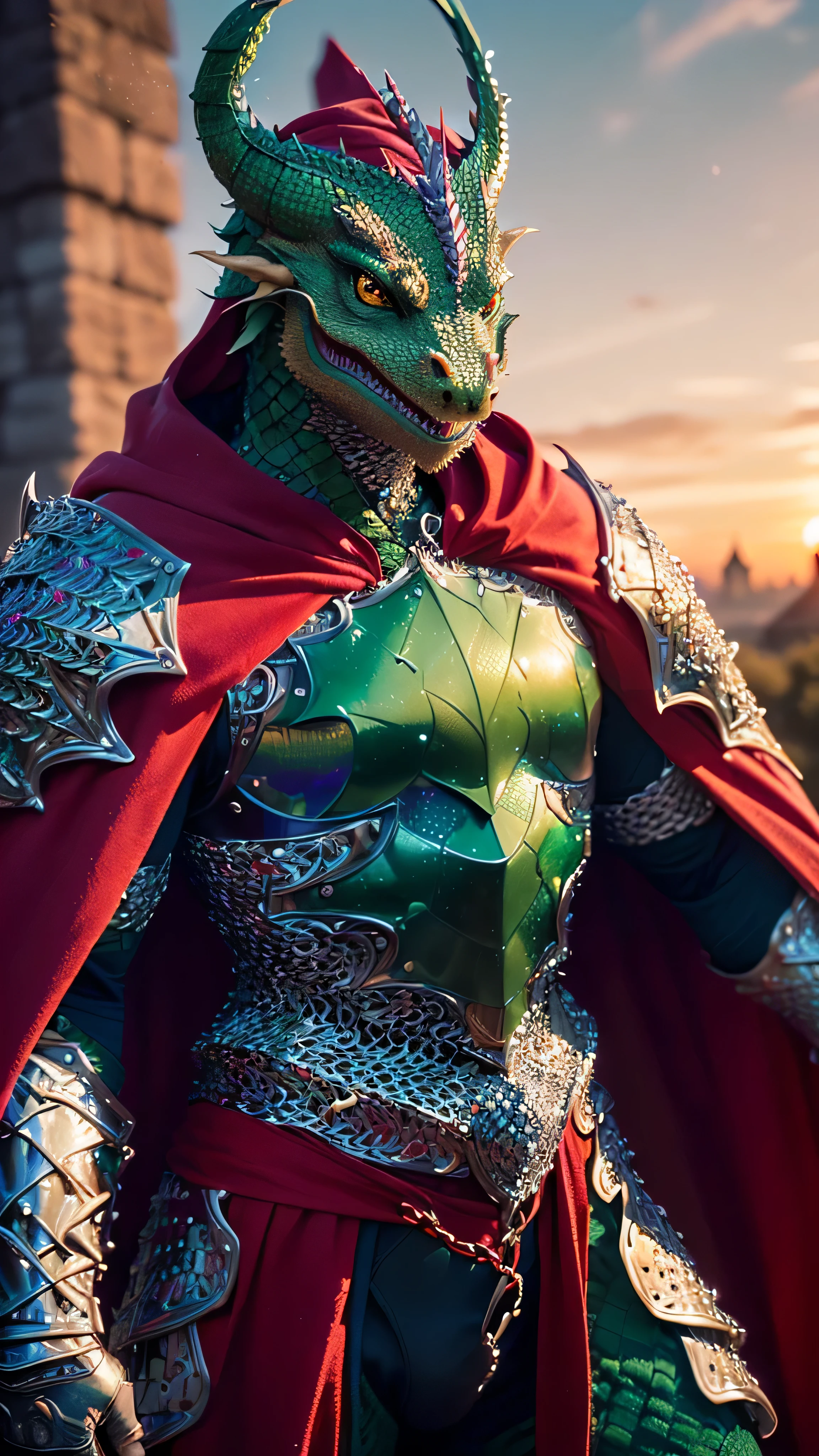 (masterpiece), (extremely intricate:1.3), (realistic), portrait (((anthropomorphic (GREEN DRAGON, medieval armor, perfectchainmail)))), dynamic pose, sharp focus, dramatic, award winning, cinematic lighting, volumetrics dtx, (film grain, blurry background, blurry foreground, bokeh, depth of field, sunset, interaction, castle in the distance ((iridescent red cape)))