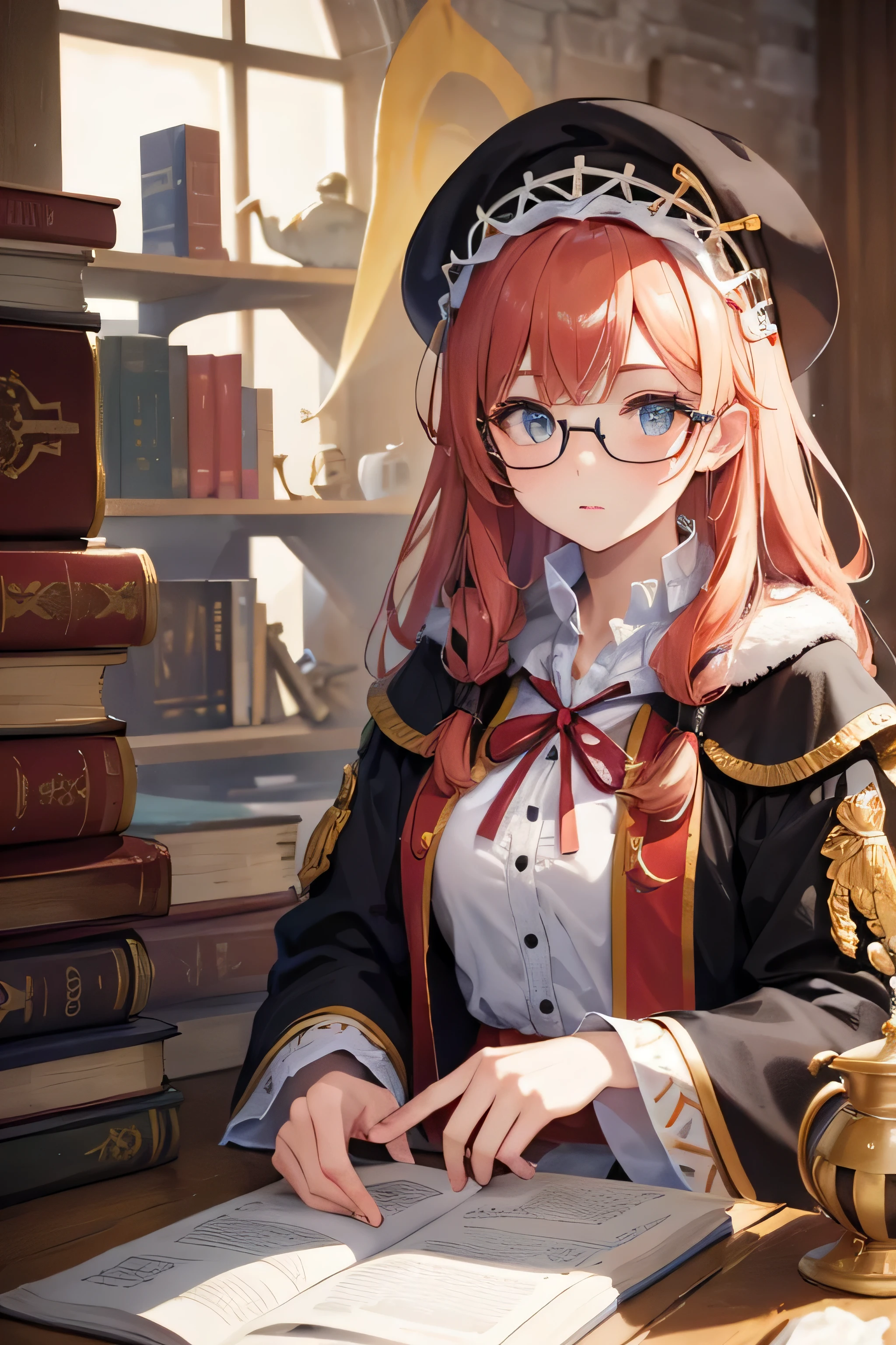 Strawberry blonde Girl in medieval robes, round spectacles, meek, timid, cute, bookish, average physique, 8K, 4K, HDR, holding a book
