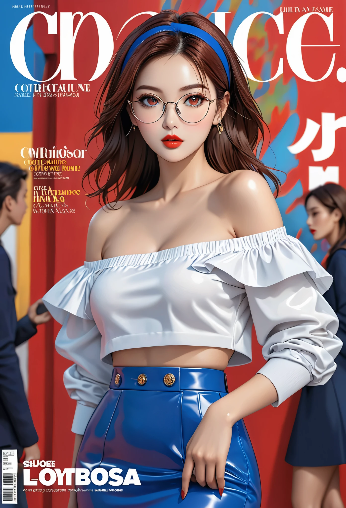 (8k, best quality, masterpiece),ultra-detailed,(high detailed skin),
glossy skin,contrapposto,female focus,model,(hot:0.7),sexy,fine fabric emphasis,wall paper,crowds,fashion,Lipstick,depth of field,street,in public,Magazine cover,(title),(Magazine cover-style illustration of a fashionable woman),posing in front of a colorful and dynamic background.  (The text on the cover should be bold and attention-grabbing, with the title of the magazine and a catchy headline),
(hutaosl:1.2),blue jacket,blue skirt,white shirt,Black pantyhose,eyewear hang,red eyes,(long brown hair:1.1),blue hairband,off shoulder,open jacket,
(good hands, nice hands:0.5),
(beautiful_face),((intricate_detail)),
((finely_detailed)),fine_fabric_emphasis,
((glossy)),