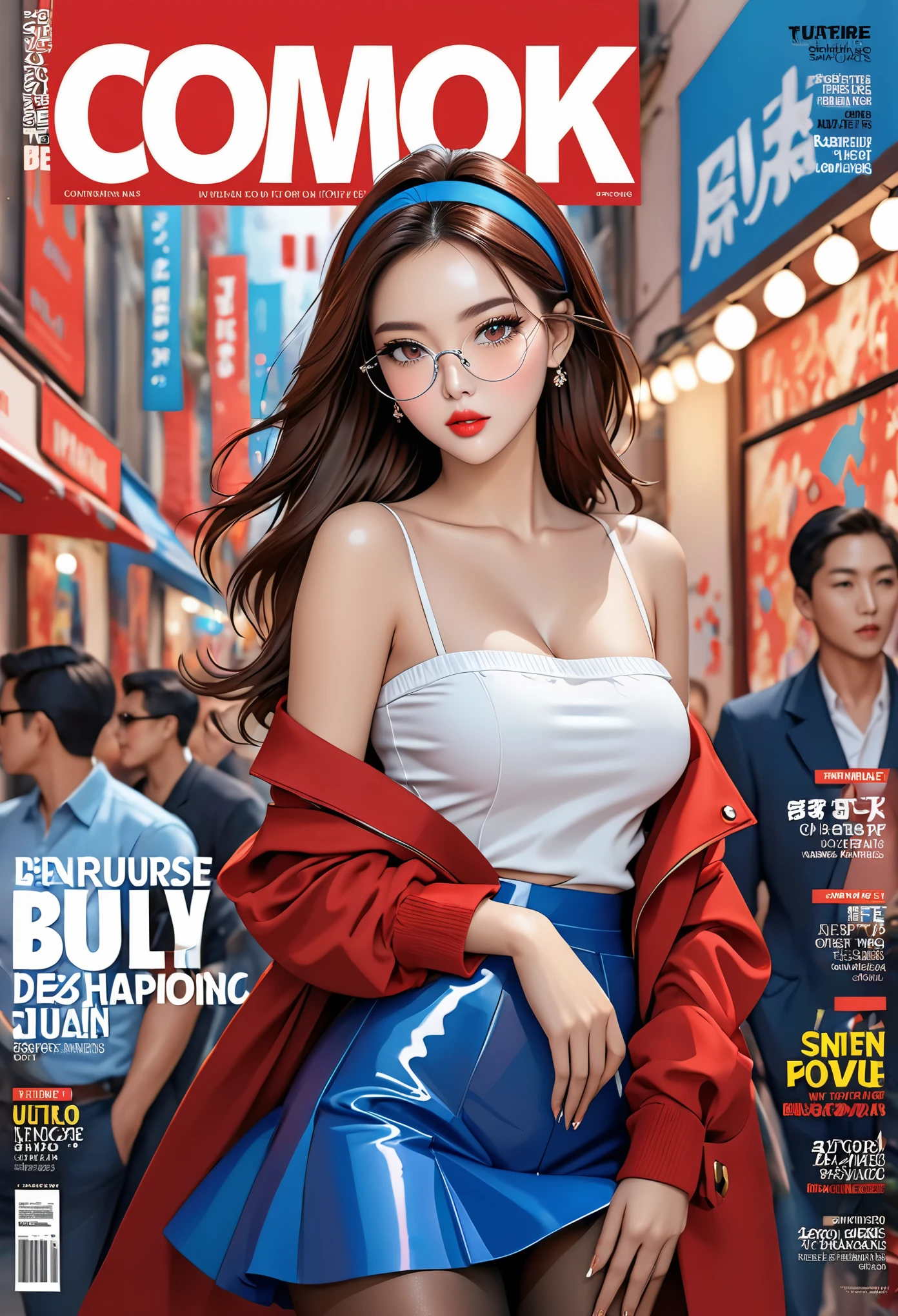 (8k, best quality, masterpiece),ultra-detailed,(high detailed skin),
glossy skin,contrapposto,female focus,model,(hot:0.7),sexy,fine fabric emphasis,wall paper,crowds,fashion,Lipstick,depth of field,street,in public,Magazine cover,(title),(Magazine cover-style illustration of a fashionable woman),posing in front of a colorful and dynamic background. (The text on the cover should be bold and attention-grabbing, with the title of the magazine and a catchy headline),
(hutaosl:1.2),blue jacket,blue skirt,white shirt,Black pantyhose,eyewear hang,red eyes,(long brown hair:1.1),blue hairband,off shoulder,open jacket,
(good hands, nice hands:0.5),
(beautiful_face),((intricate_detail)),
((finely_detailed)),fine_fabric_emphasis,
((glossy)),