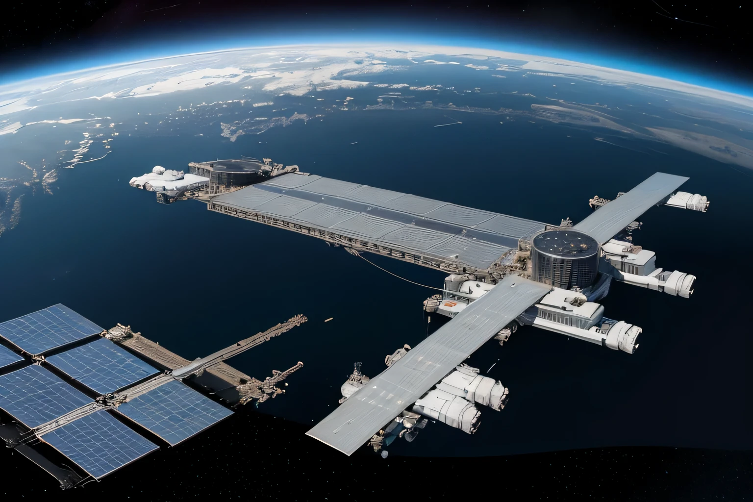 (Alien scenes)，(((Large alien building)))，Looking out from the space station, The view will be breathtaking. The station will be located in the midst of endless darkness, A space where stars gather, A distant planet is visible on the horizon. This planet will become majestic, Multicolored spheres, cloudy，Mountains and sea embellishment. Around the station, A series of activities will also be held, As spacecraft come and go, shipping supplies, equipment, and personnel. Some boats will be sleek and streamlined, While others are bulky and utilitarian, Designed for heavy lifting and long-distance transport. The space station itself will be an engineering marvel, Sparkling metal and glass centerpieces，stretching into space like a giant web. The modules that make up the station will be connected via slim connectors, curvy arms, Each station is equipped with communication antennas, Solar panels, and instruments.