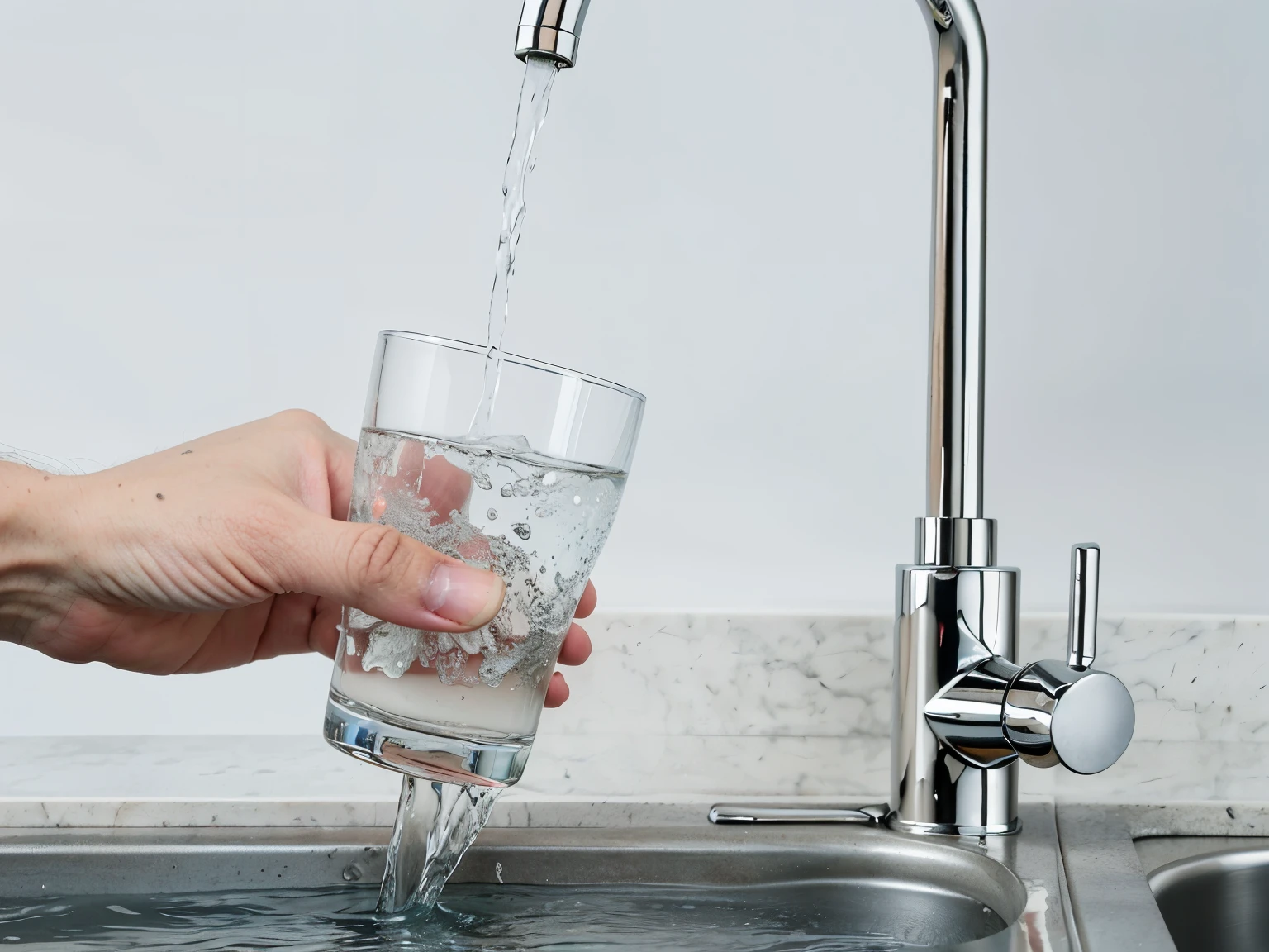Someone is pouring a glass of water from the kitchen faucet, Filled with water, faucet with running water, Stunningly detailed, Fine detail featuress, realistic water, Easy to use, ultra Detailed water, no water, Detailed water, Beautifully detailed, Highly polished, Have accurate characteristics, clear water, Fine detail features, water in background, short nozzle