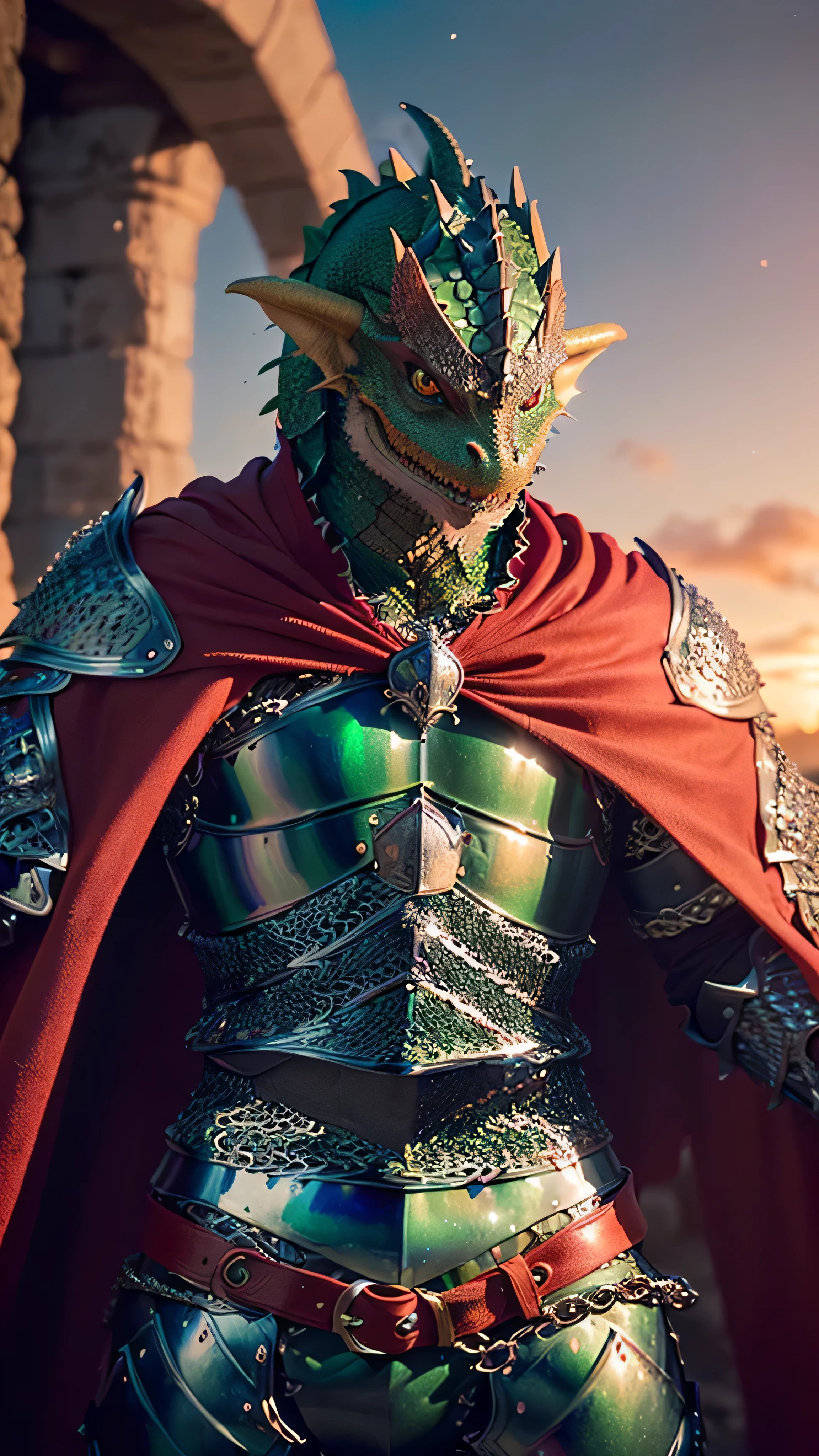 (masterpiece), (extremely intricate:1.3), (realistic), portrait (((anthropomorphic (GREEN DRAGON, medieval armor, perfectchainmail)))), dynamic pose, sharp focus, dramatic, award winning, cinematic lighting, volumetrics dtx, (film grain, blurry background, blurry foreground, bokeh, depth of field, sunset, interaction, castle in the distance ((iridescent red cape)))