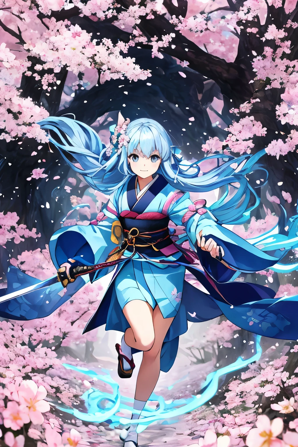 ,arms, 1 girl, Bigger in the center、light blue long hair、twin tailale focus, sword, alone, kimono, ホールディング arms, Japanese sword, ホールディング sword, long sleeve, , Haori, kimono, full body,Bigger in the center、Running through the cherry blossom forest、Face Highlights、dynamic mode