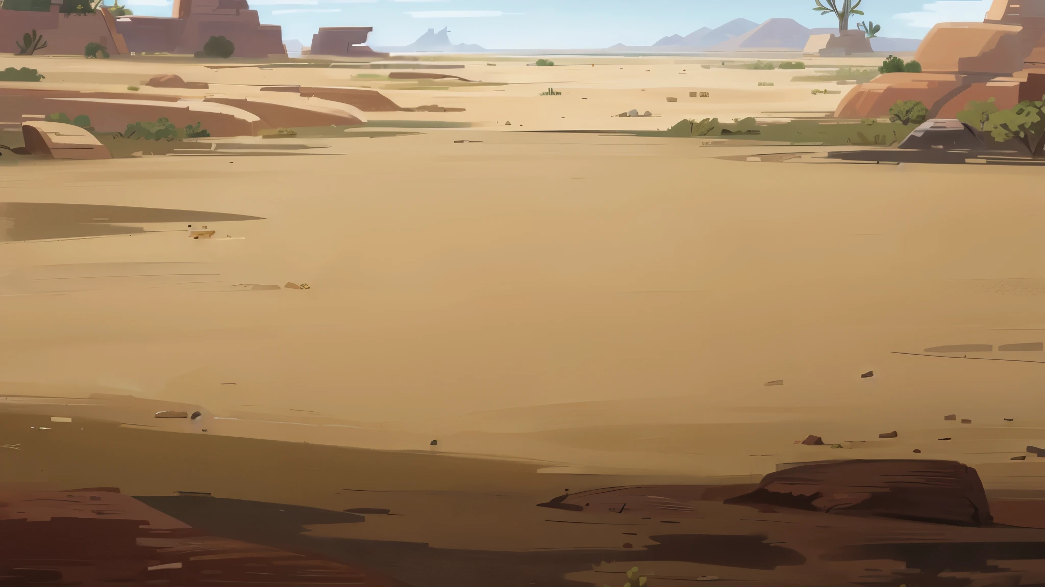 Cartoon desert scene，There are rivers and rocks in the foreground, distant village background, arte de fundo, desert oasis background, arena background, sand and desert environment, random background scene, Desert background, Desert environment, Dusty environment, desert wasteland, Mobile game background, savana background, battleground background, game background, background battlefield, grassland background, barren wasteland