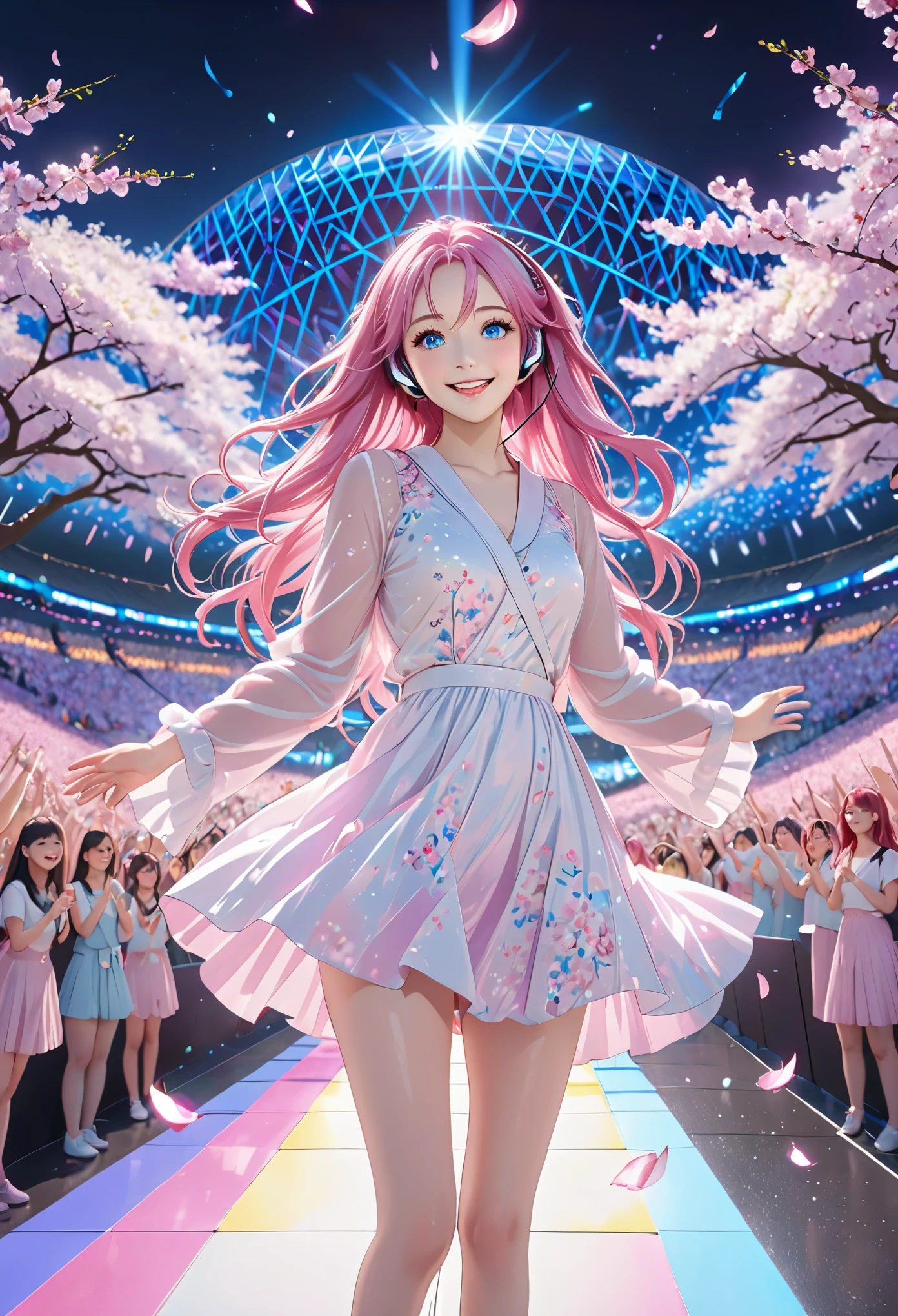 fluffy hair, long floating hair, (super long hair), shiny pink hair, shiny hair, 1 girl, alone, long hair, blue eyes, (pink hair), pink hair, looking at the audience, smiling, make-up face prints, purple hair, colored hair, thighs, outdoors, full body ((masterpiece)), (((best quality))), ((ultra-detailed)), ((illustration)), A lot of waving glow sticks,Stage,Concert,(solo),1 girl,((singing)),headset,(leaning_forward:1.2),(arms_behind_back),((extremely_detailed_eyes_and_face)),colorful,Tokyo Dome,ray tracing,(disheveled hair),cherry_blossoms,petals,Flying notes