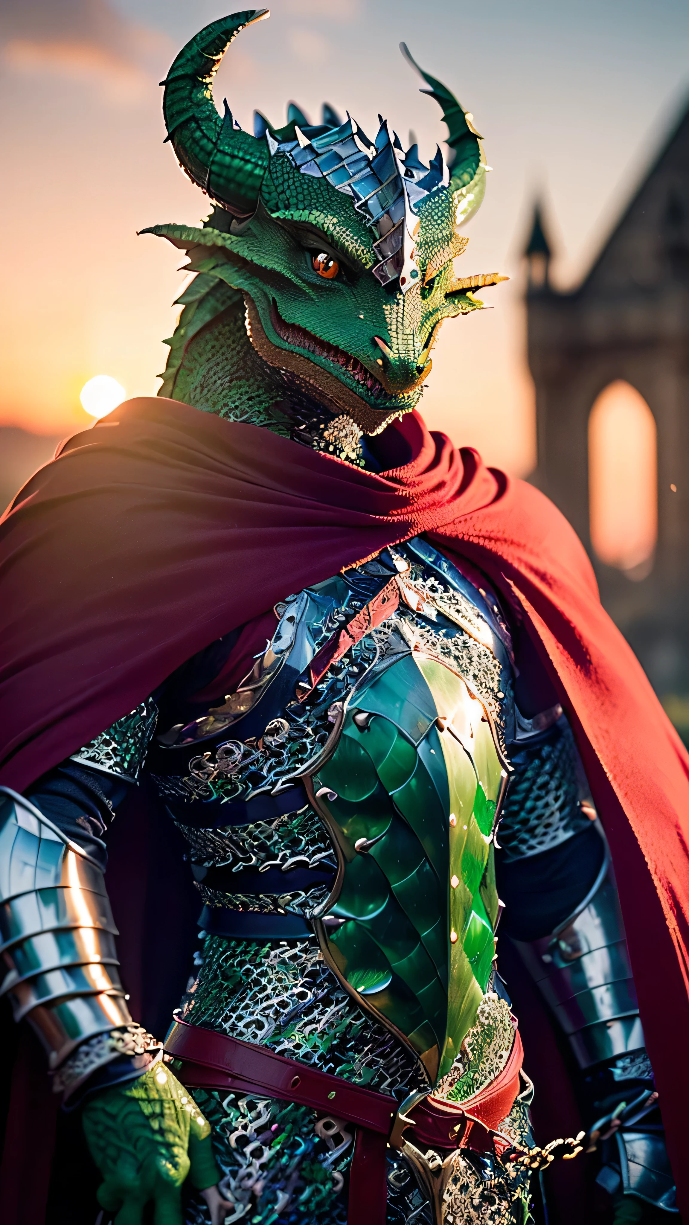 (masterpiece), (extremely intricate:1.3), (realistic), portrait (((anthropomorphic (GREEN DRAGON, medieval armor, perfectchainmail)))), dynamic pose, sharp focus, dramatic, award winning, cinematic lighting, volumetrics dtx, (film grain, blurry background, blurry foreground, bokeh, depth of field, sunset, interaction, castle in the distance ((iridescent red cape)))