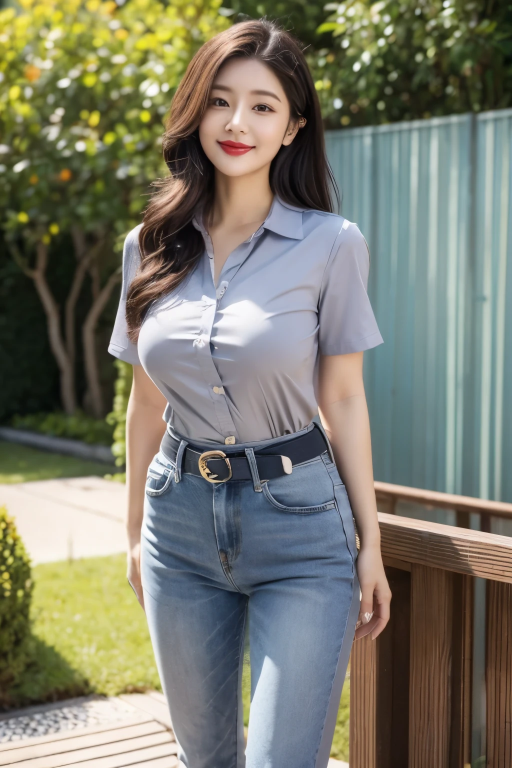 Draw lips correctly, red lipstick, from chest up, best quality, Super detailed, lifelike, Super fine skin, perfect anatomy, (1 日本Mature的女人), (alone),Wear a gray shirt,short sleeves,blue jeans,black belt,wavy long hair,37-year-old female,Mature,charming smile,outdoor background,stand,Leg length,Chubby,Big breasts,stand up,full-body shot
