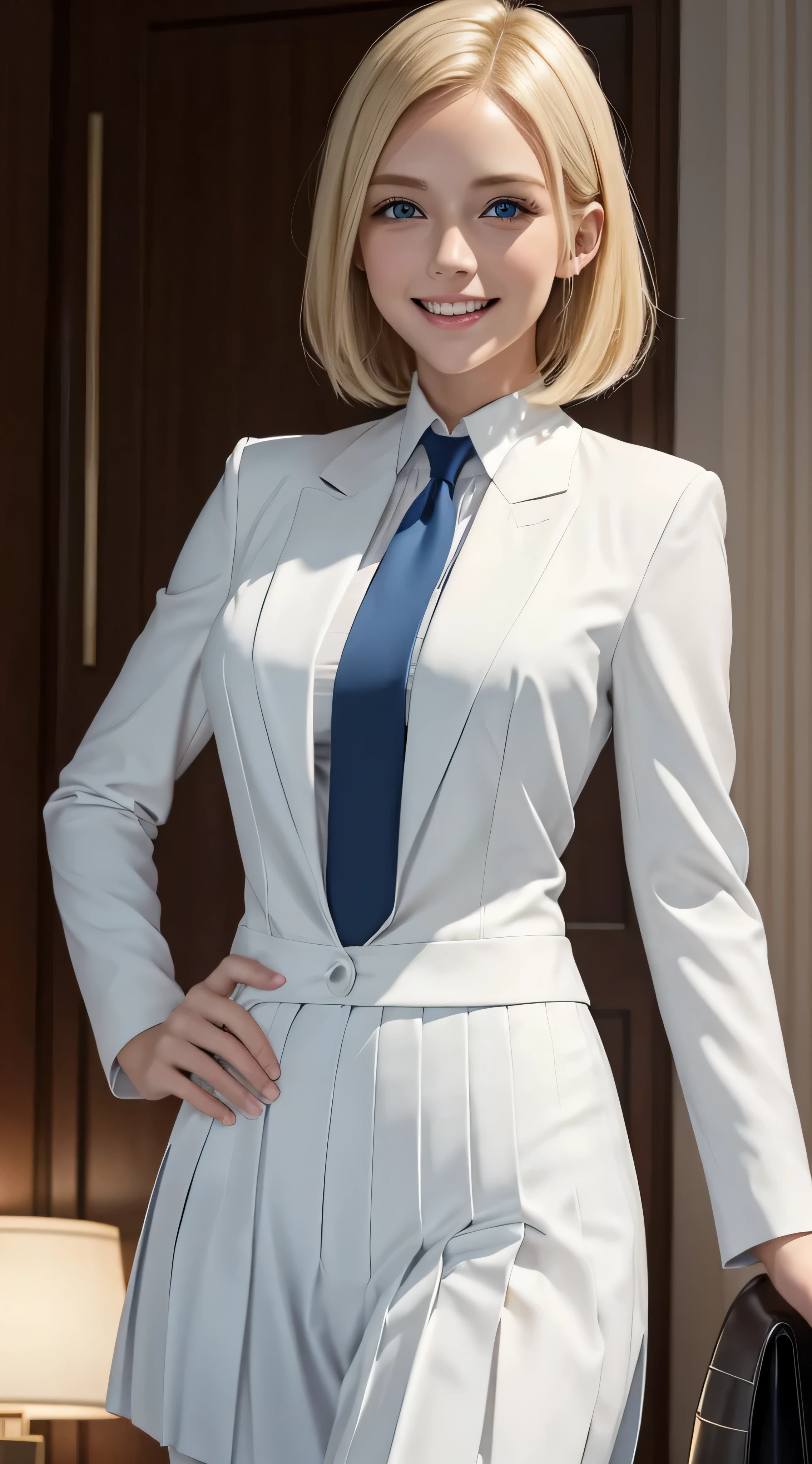 Young blonde with blue eyes and short straight hair , she is wearing,wearing a white blouse, Smooth white tight suit suit check pleated pleated skirt、,she is smiling, She is showing her teeth, night view, better quality, masterpiece, 8K, cinematic lighting, Award-winning work.On board a private jet, indoor, highly detailed background