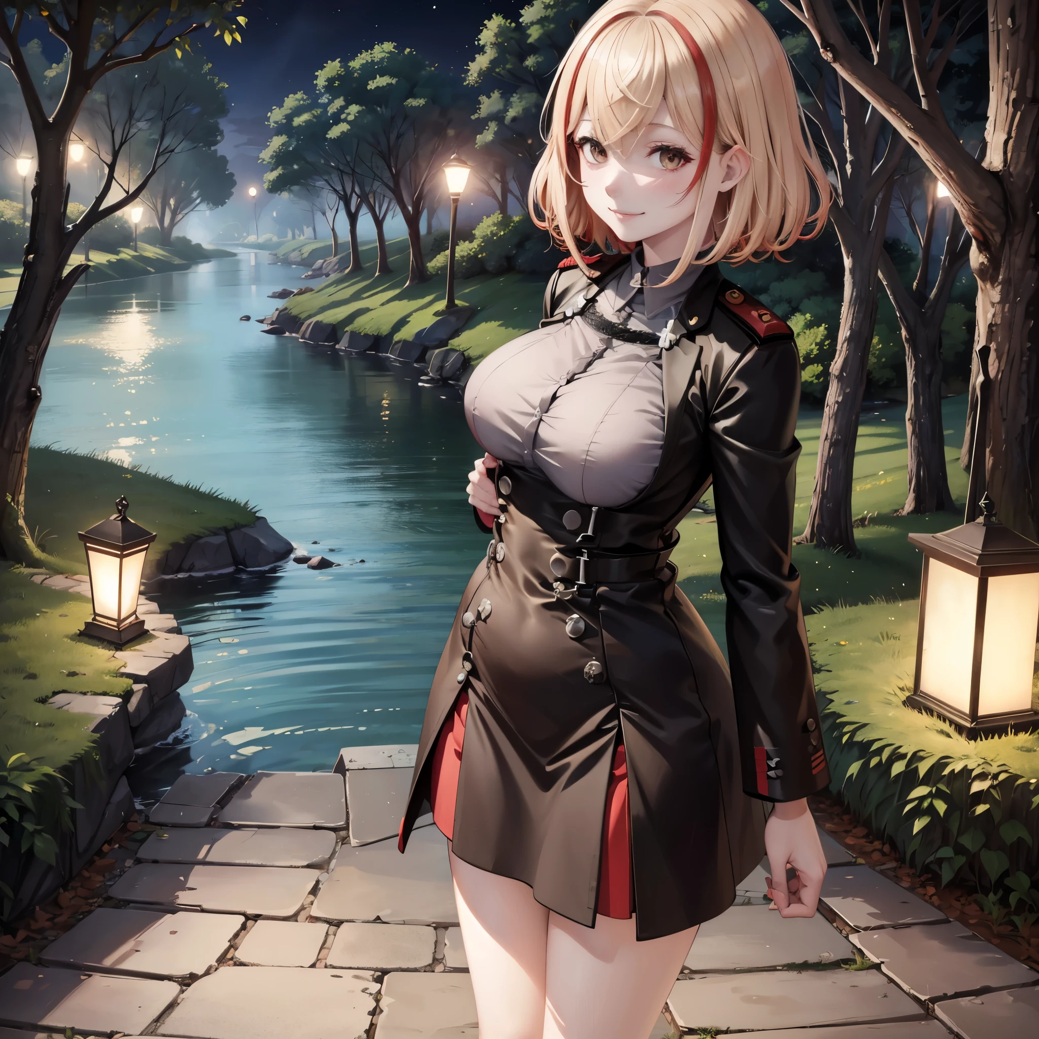 A woman on a walk near a lake, at night, with local lighting, short blonde hair, red bangs, brown eyes, wearing a black cold coat, smiling trees around, ultra resolution, masterpiece, perfect quality, well detailed, 4k hd
