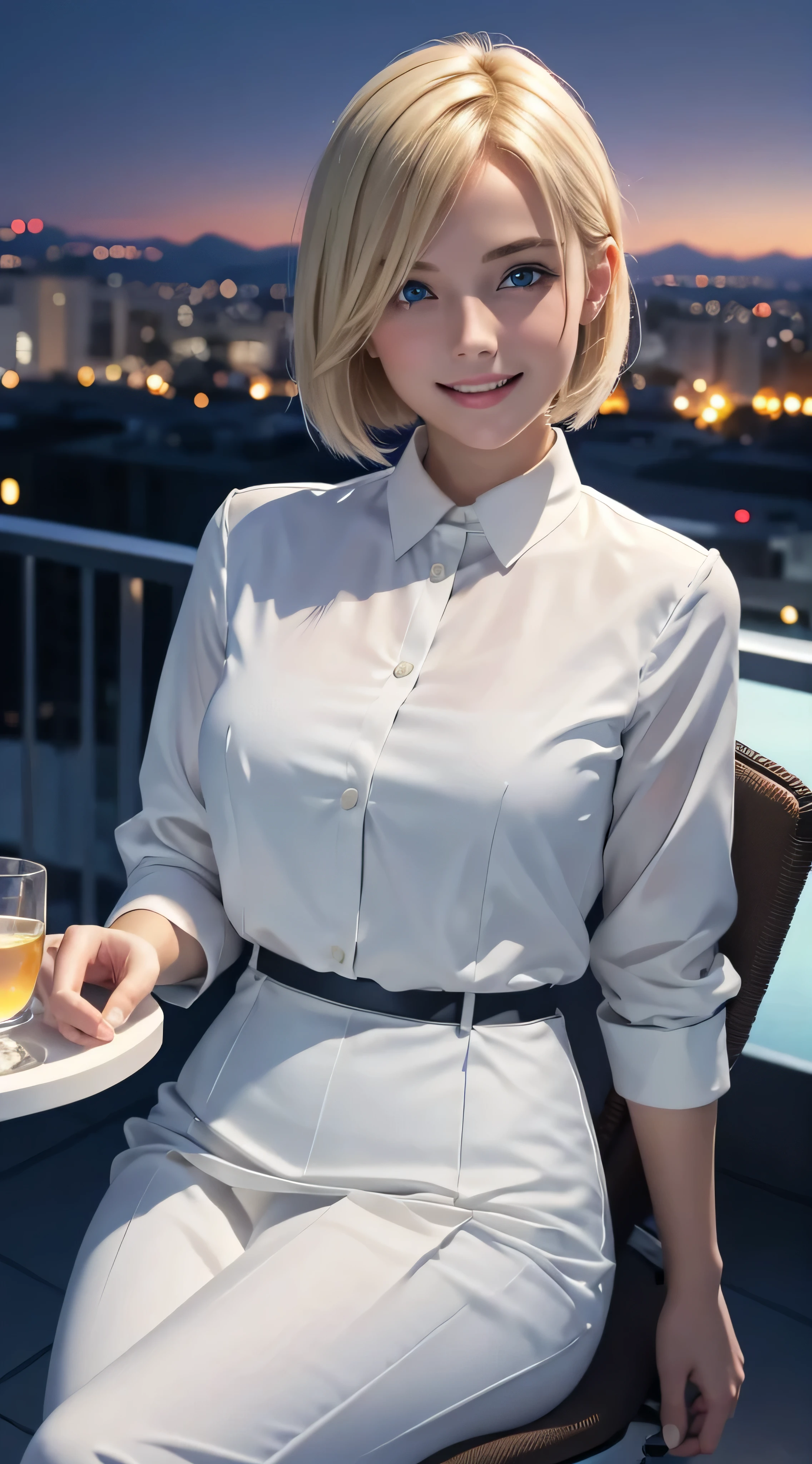 Young blonde with blue eyes and short straight hair , she is wearing,wearing a white blouse, Smooth white tight suit suit check pleated pleated skirt、,she is smiling, She is showing her teeth, night view, better quality, masterpiece, 8K, cinematic lighting, Award-winning work.((sitting on a chair, night view terrace background:1.3)), indoor, highly detailed background