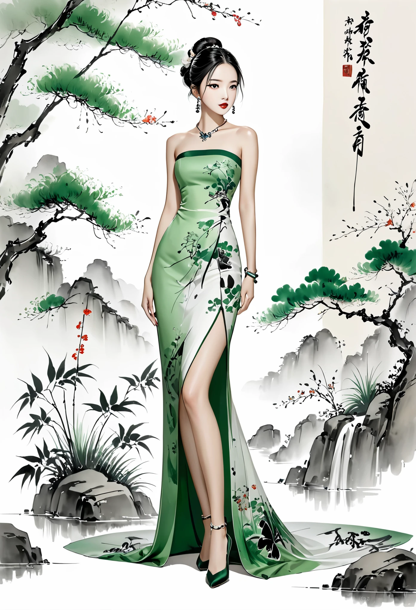 (masterpiece:1,2),best quality,masterpiece,highres,original,extremely detailed wallpaper,perfect lighting,(extremely detailed CG:1.2),drawing,paintbrush,xinguofeng,fashion,chinese wind,chinese painting and calligraphy,white background,xinguofeng,fashion,chinese wind,chinese painting and calligraphy,white background,
landscape,chinese,Chinese black and white ink painting,chinese,
fashion,full body image,plants,green dress,costume design,chinese wind,chinese painting and calligraphy,xinguofeng,1girl,solo,black hair,white background,dress,bare shoulders,jewelry,earrings,necklace,hair bun,bracelet,hand on hip,strapless,makeup,single hair bun,***,lipstick,butterfly,strapless dress