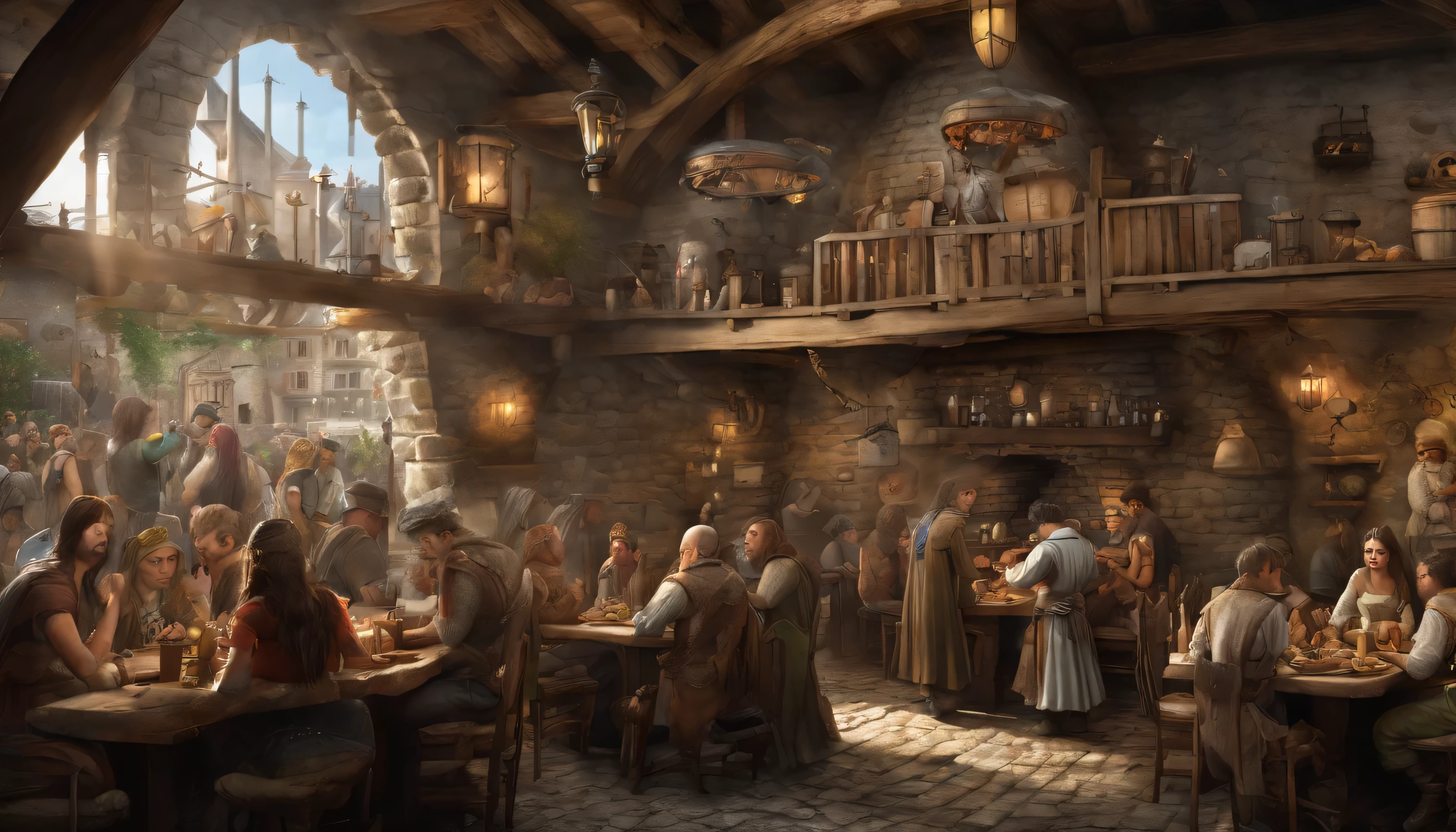 high fantasy, Crowded inn with restaurant, medieval background