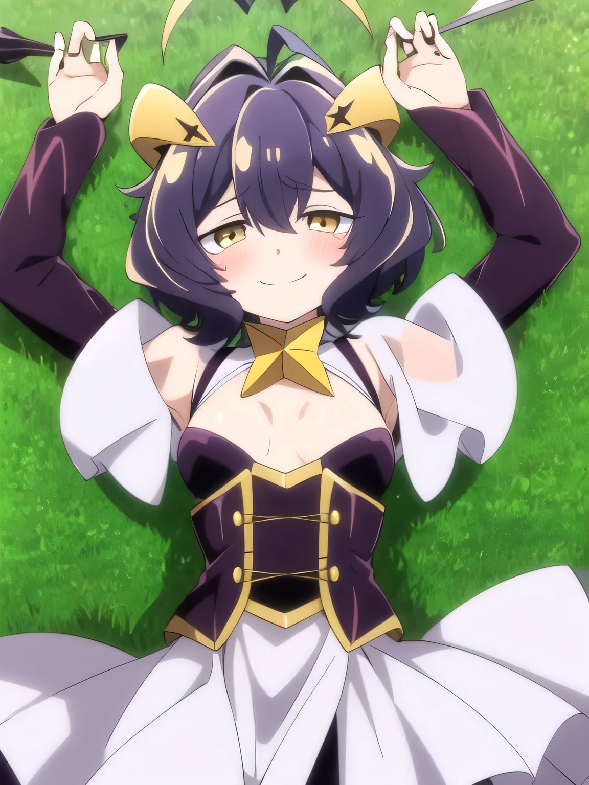 Utena Hiiragi, 1girl, solo, horns, purple hair, blush, short hair, looking at viewer, smile, star (symbol), yellow eyes, ahoge, hair between eyes, antenna hair, bangs, symbol-shaped pupils, star-shaped pupils, solo, lying, , closed mouth, solo, spread arms, arms up, smile, lying, on back, on grass, looking at viewer, solo, in the center, (cowboy shot: 1.3), high quality,
