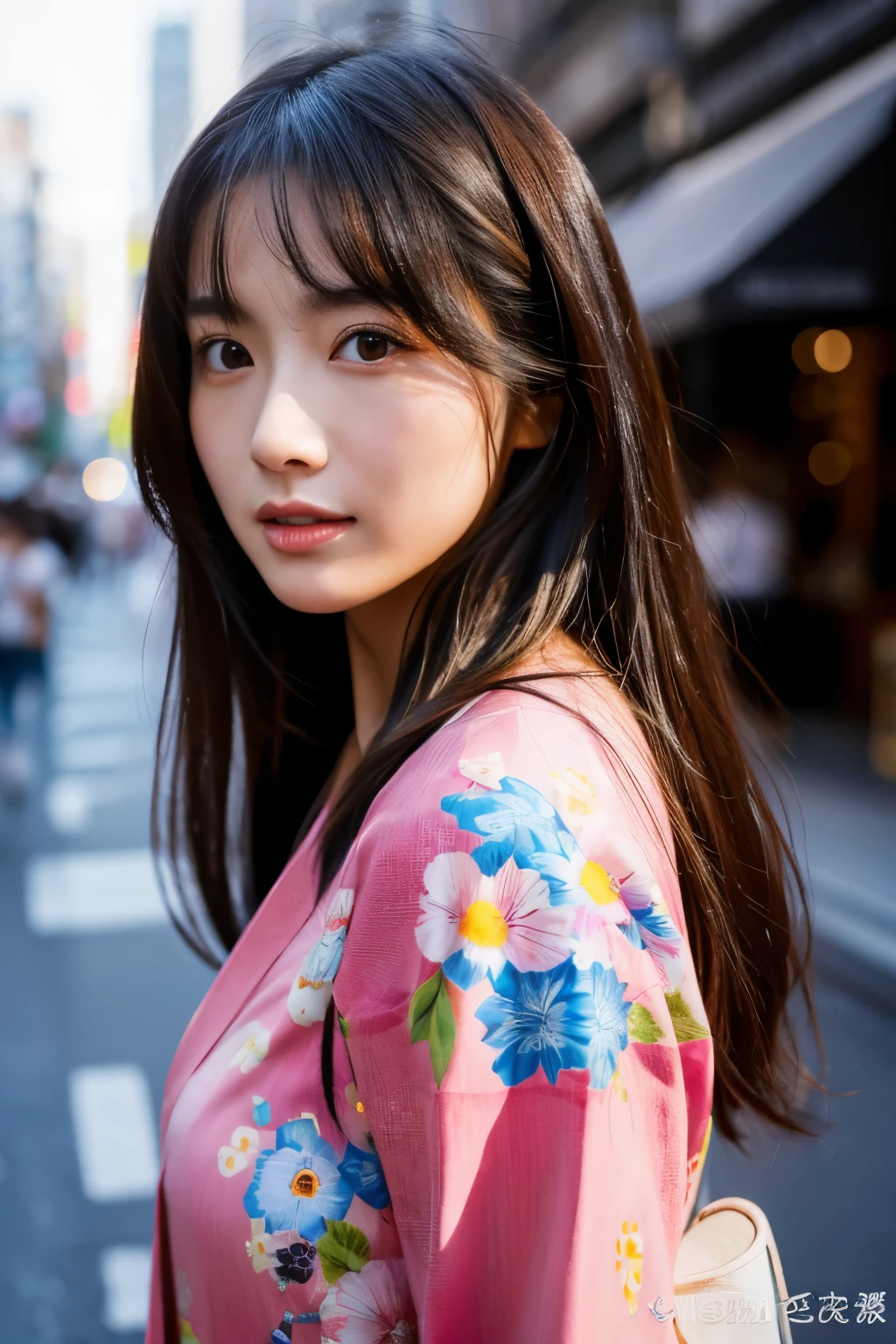 Beautiful Japanese supermodel woman, A lock of hair with slight highlights, black eyes, Sexy，street background，Gorgeous kimono , Liquid color flows across her face, Shooting against the light，Perfect facial lighting，mixed media