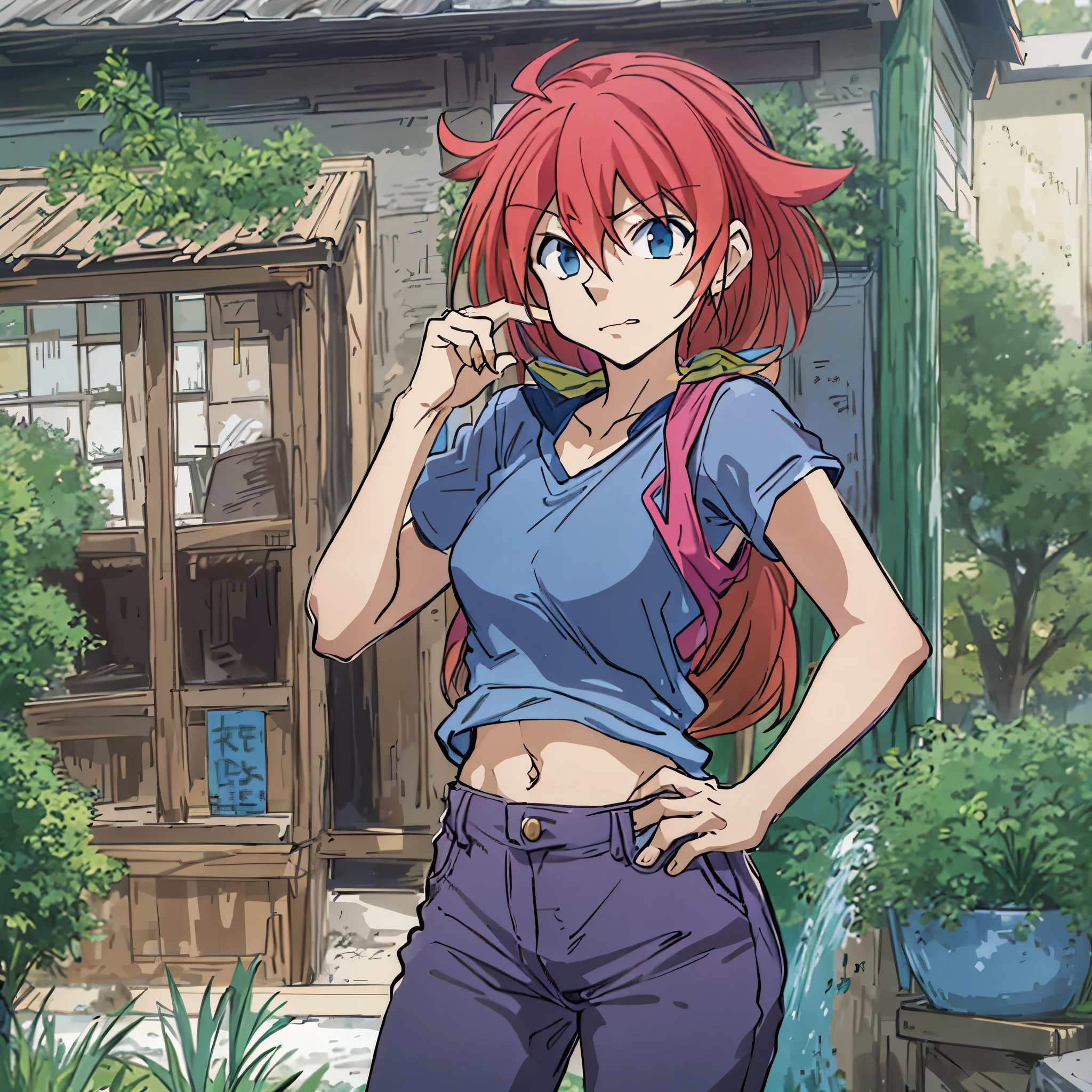 a cartoon girl with red hair and a blue shirt, fubuki,