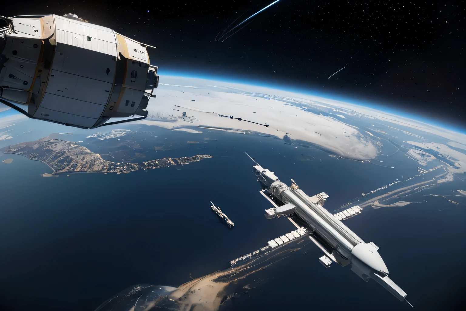 (Alien scenes),(((Large alien building))),Looking out from the space station, The view will be breathtaking. The station will be located in the midst of endless darkness, A space where stars gather, A distant planet is visible on the horizon. This planet will become majestic, Multicolored spheres, cloudy,Mountains and sea embellishment. Around the station, A series of activities will also be held, As spacecraft come and go, shipping supplies, equipment, and personnel. Some boats will be sleek and streamlined, While others are bulky and utilitarian, Designed for heavy lifting and long-distance transport. The space station itself will be an engineering marvel, Sparkling metal and glass centerpieces,stretching into space like a giant web. The modules that make up the station will be connected via slim connectors, curvy arms, Each station is equipped with communication antennas, Solar panels, and instruments.