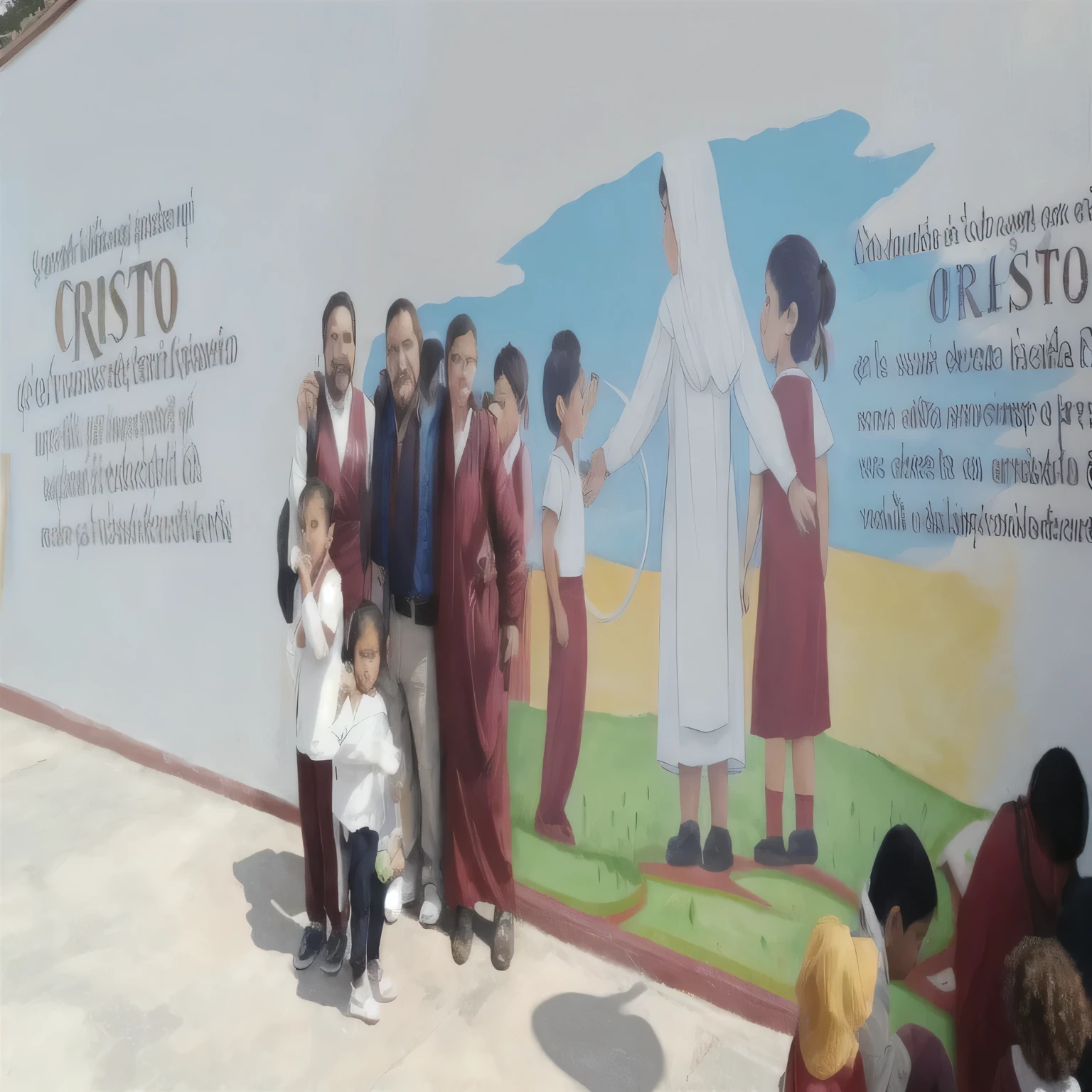 Several people standing in front of a mural of Jesus and children., colchis painting, colegio quito, pintado en una pared gigante, mural, Buen detalle, arte mural, symbolic mural, pintura mural, obra maestra de luz brillante, by Teresa Fasolino, por Francisco Ayuda, by Gina Pellón, muy detallado, foto tomada en 2 0 2 0, obra maestra