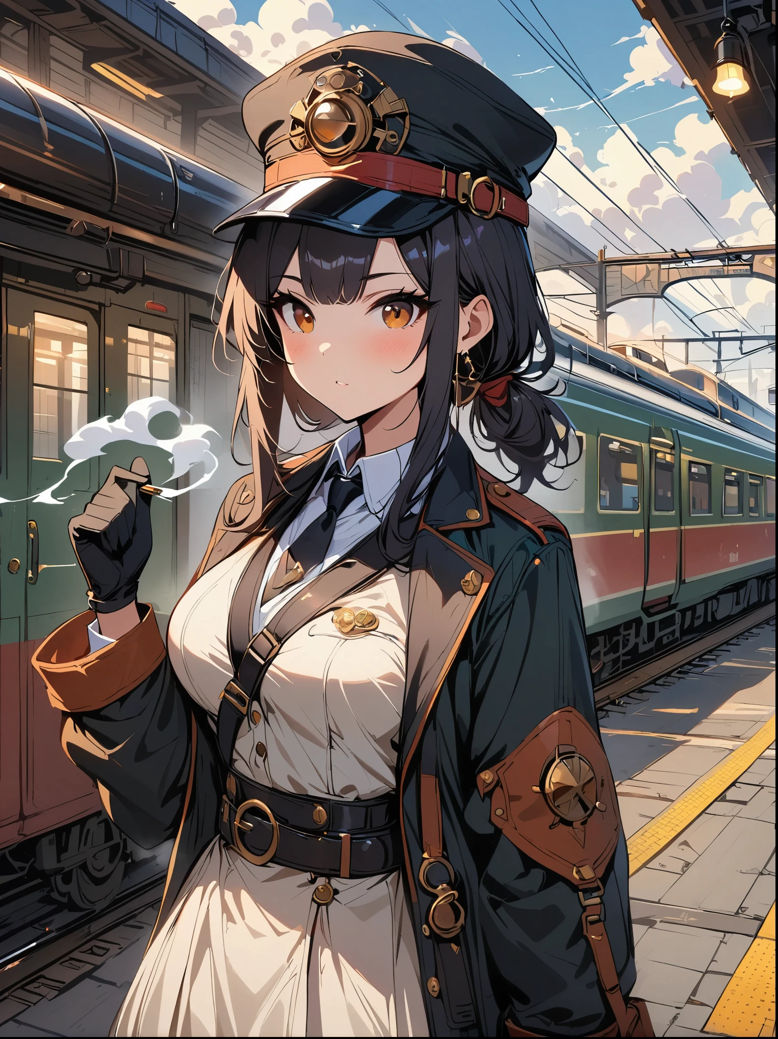 1 girl,  pilot hat ,   alone,   steam punk, TRAIN STATION,  , steam, smokes, masterpiece, Very detailed,high dynamic range,8K resolution, best quality,