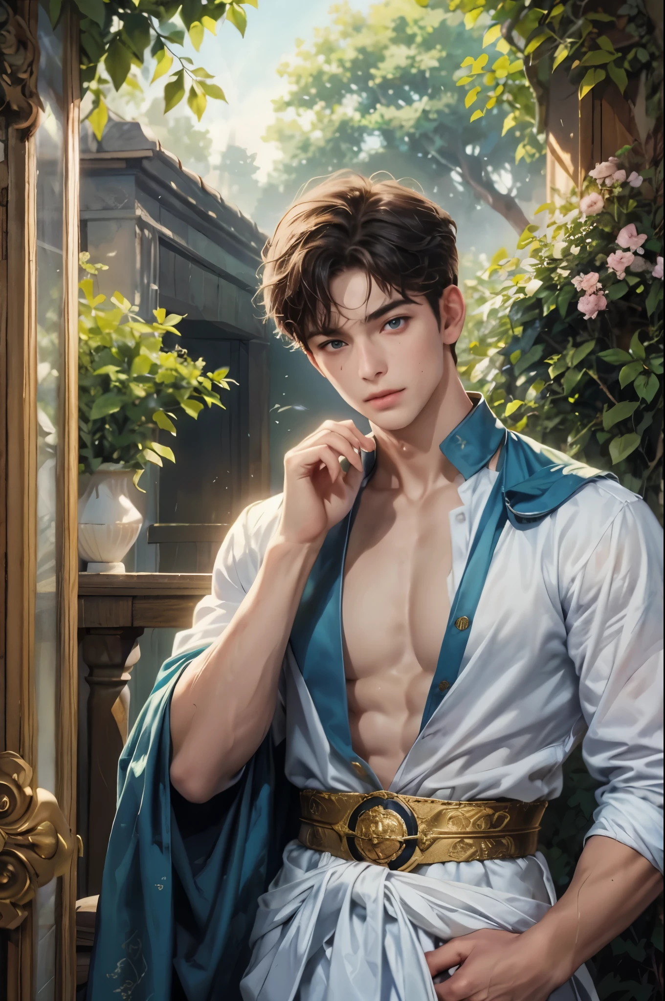 Male focus, man, elf, masterpiece, lighting, starry night, castle, sitting in window, tabby body, tattoo, low-cut clothing, thick thighs, short hair, sad face, posing, sensual, nsfw, royalty, crown, sword, blood, looking at me