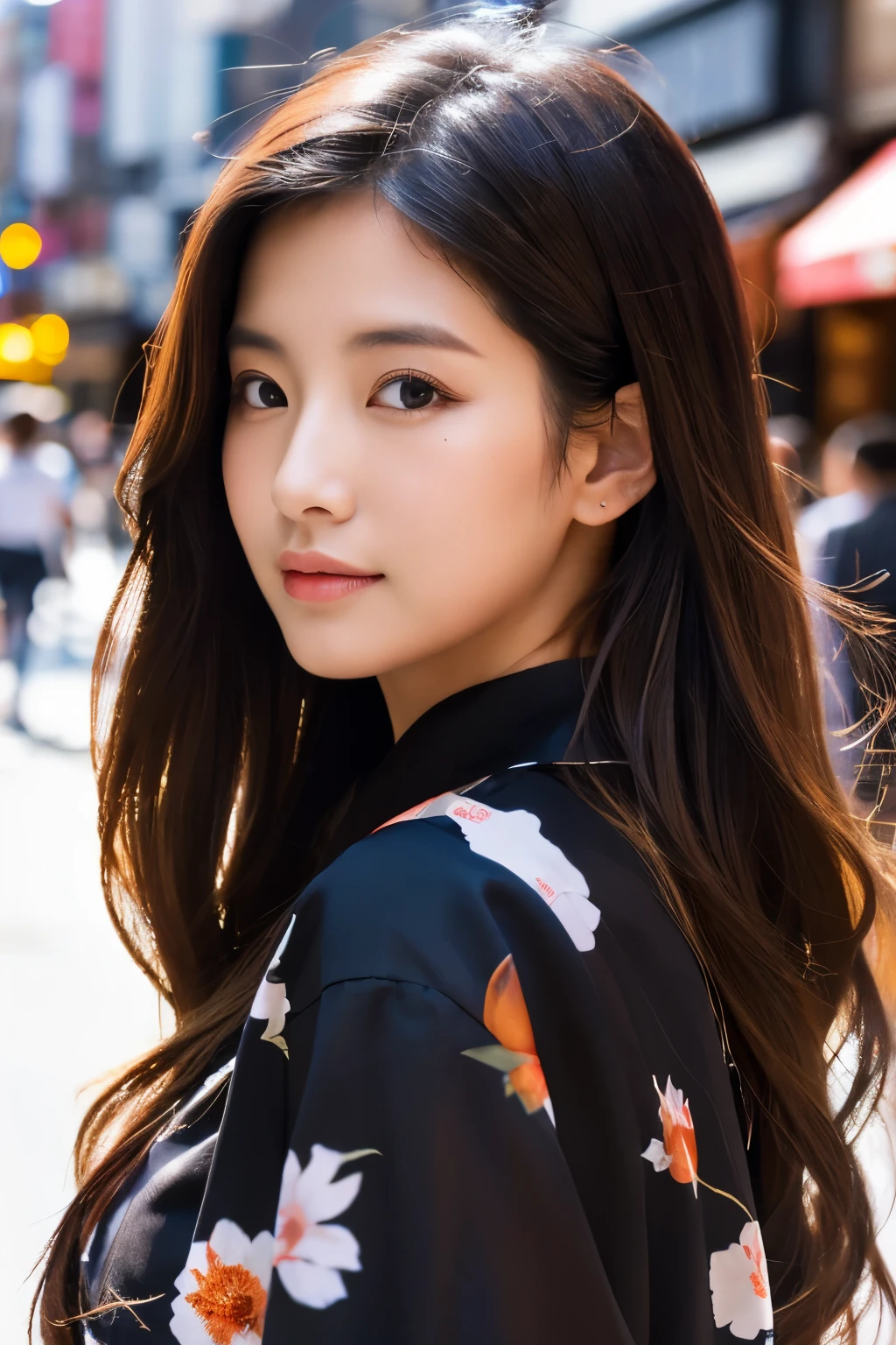 Beautiful Japanese supermodel woman, A lock of hair with slight highlights, black eyes, Sexy,street background,Gorgeous kimono , Liquid color flows across her face, Shooting against the light,Perfect facial lighting,mixed media