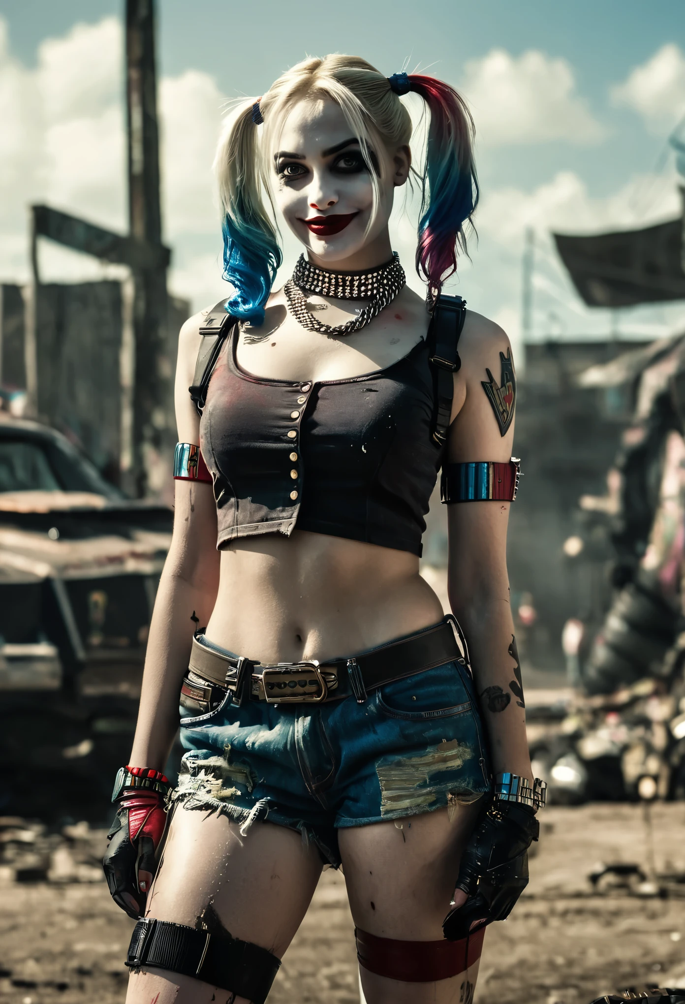 Hermosa mujer joven, about 20 years old, con cuerpo delgado y musculoso. Vestida como Harley Quinn en Suicide Squad. cinematic lighting. Post apocalyptic background. Se la ve de perfil o de espaldas. She is dressed in very short shorts, se ve parte de la cola.