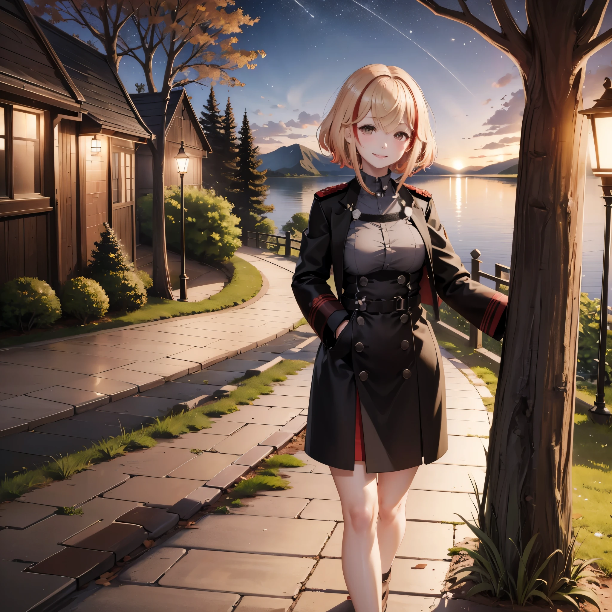 A woman on a walk near a lake, at night, with local lighting, short blonde hair, red bangs, brown eyes, wearing a black cold coat, smiling trees around, ultra resolution, masterpiece, perfect quality, well detailed, 4k hd
