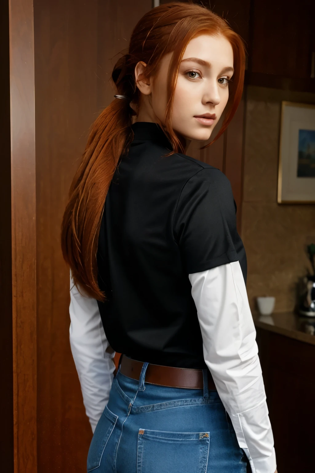 (painting) ((masterpiece, best quality)) (character design sheet, same characters, front, side, Back, There are words written around it) a woman long, Red hair and ponytail hairstyles, brown eyes, Wearing a bulletproof vest, Long sleeve T-shirt with zip closure, white shirt and jeans, Backpack, stand and relax