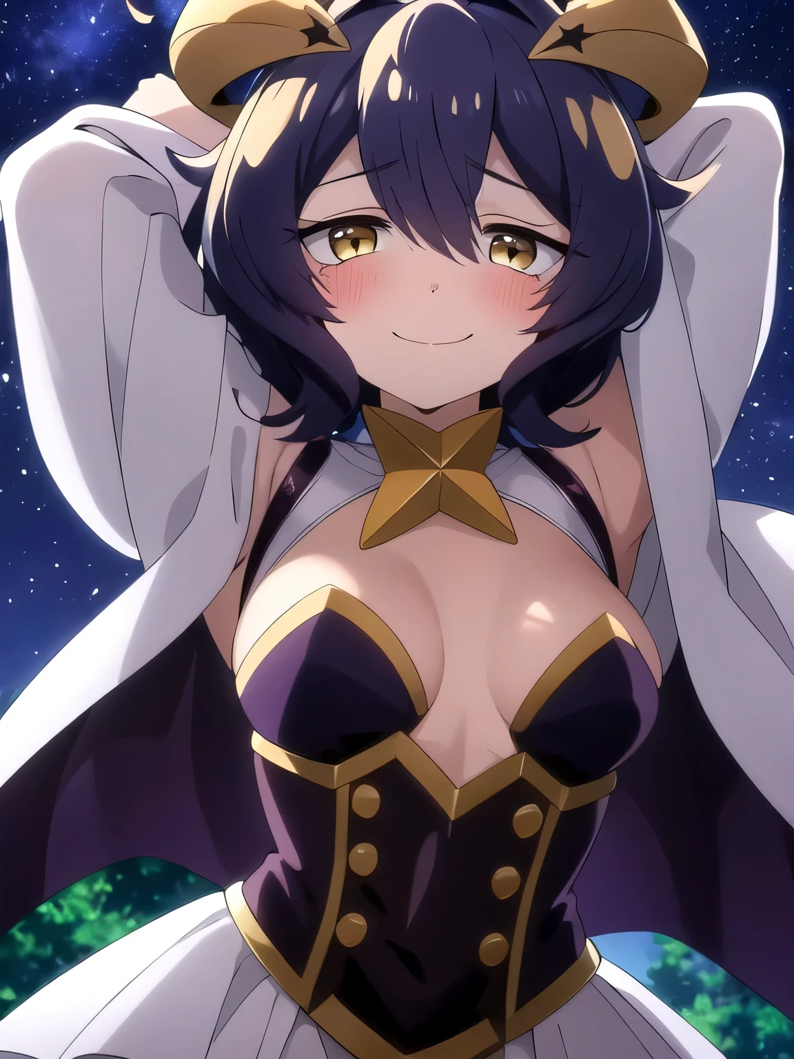 Utena Hiiragi, 1girl, solo, horns, purple hair, blush, short hair, looking at viewer, smile, star (symbol), yellow eyes, ahoge, hair between eyes, antenna hair, bangs, symbol-shaped pupils, star-shaped pupils, closed mouth, solo, upper body, night sky, forest, arms behind head, contrapposto, spread armpits, smile, high quality,